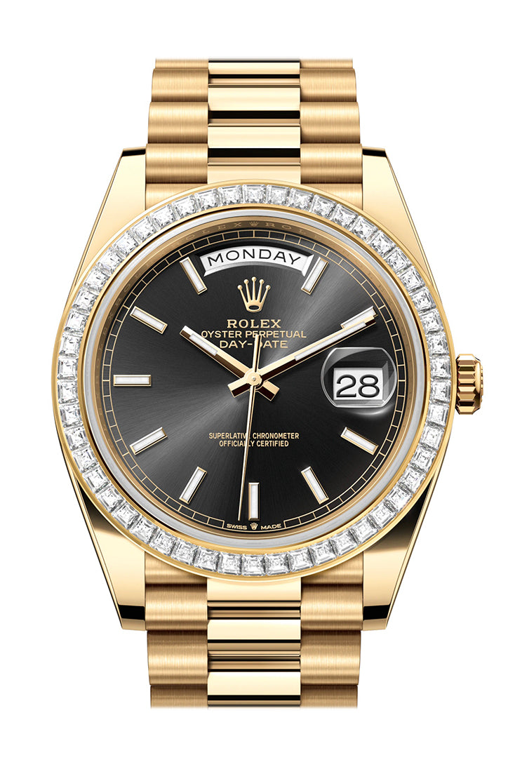 Day Date 40 Black Dial Baguette Diamond Bezel 18K Yellow Gold President