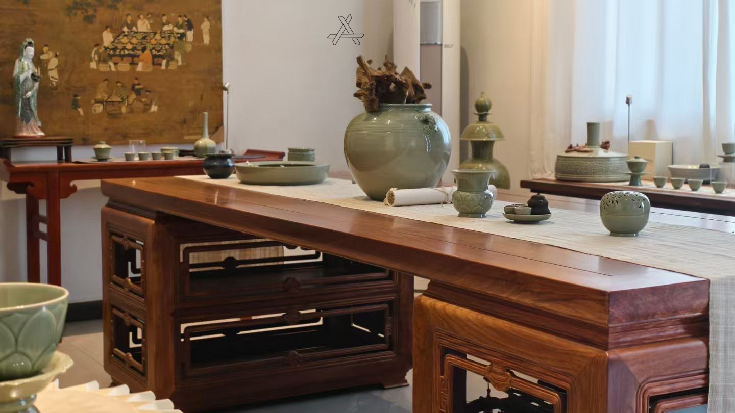 The combination of replica Ming style Chinese furniture and Olive-green porcelain