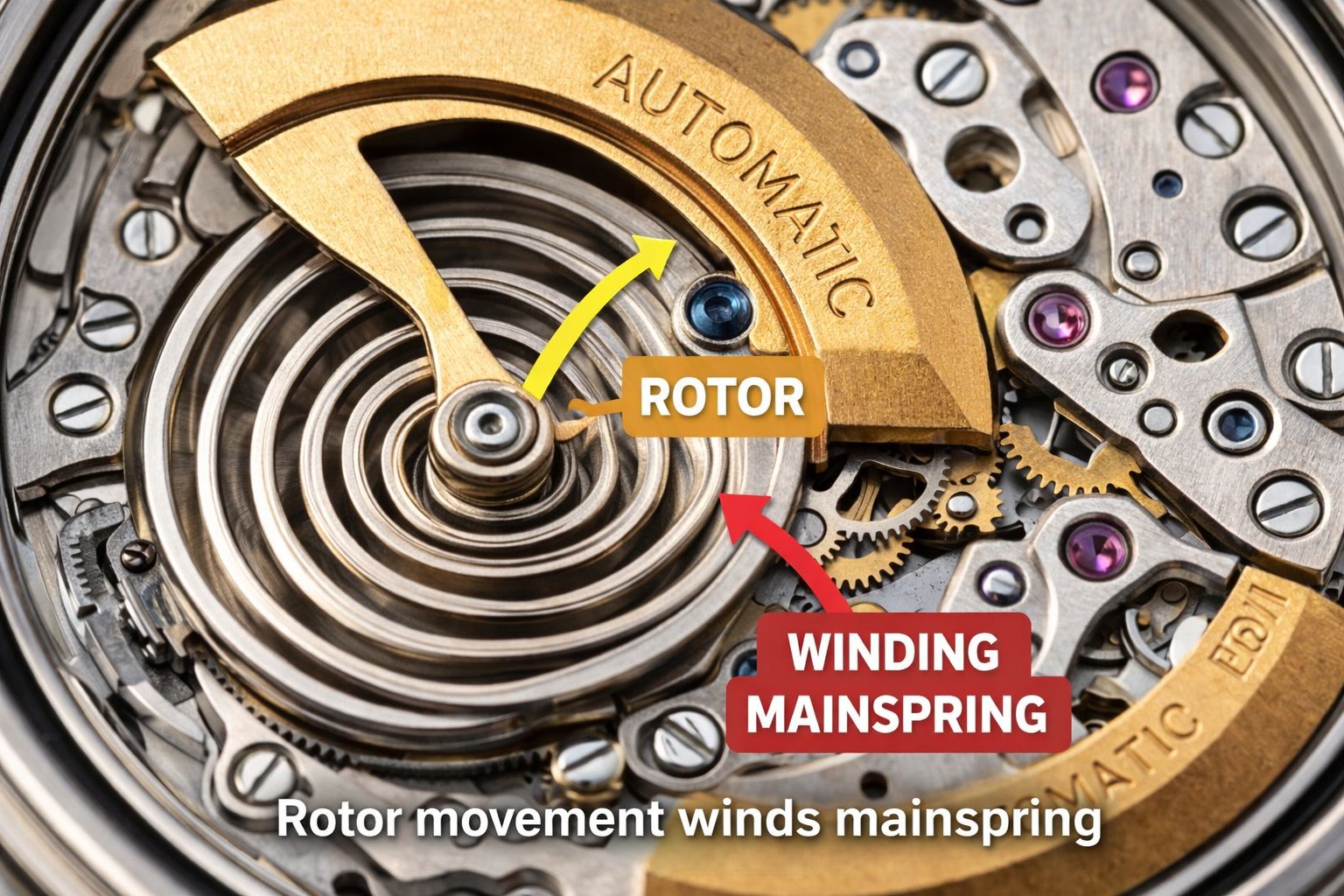 Illustration showing how stored energy flows from the mainspring through the gear train in a mechanical watch.