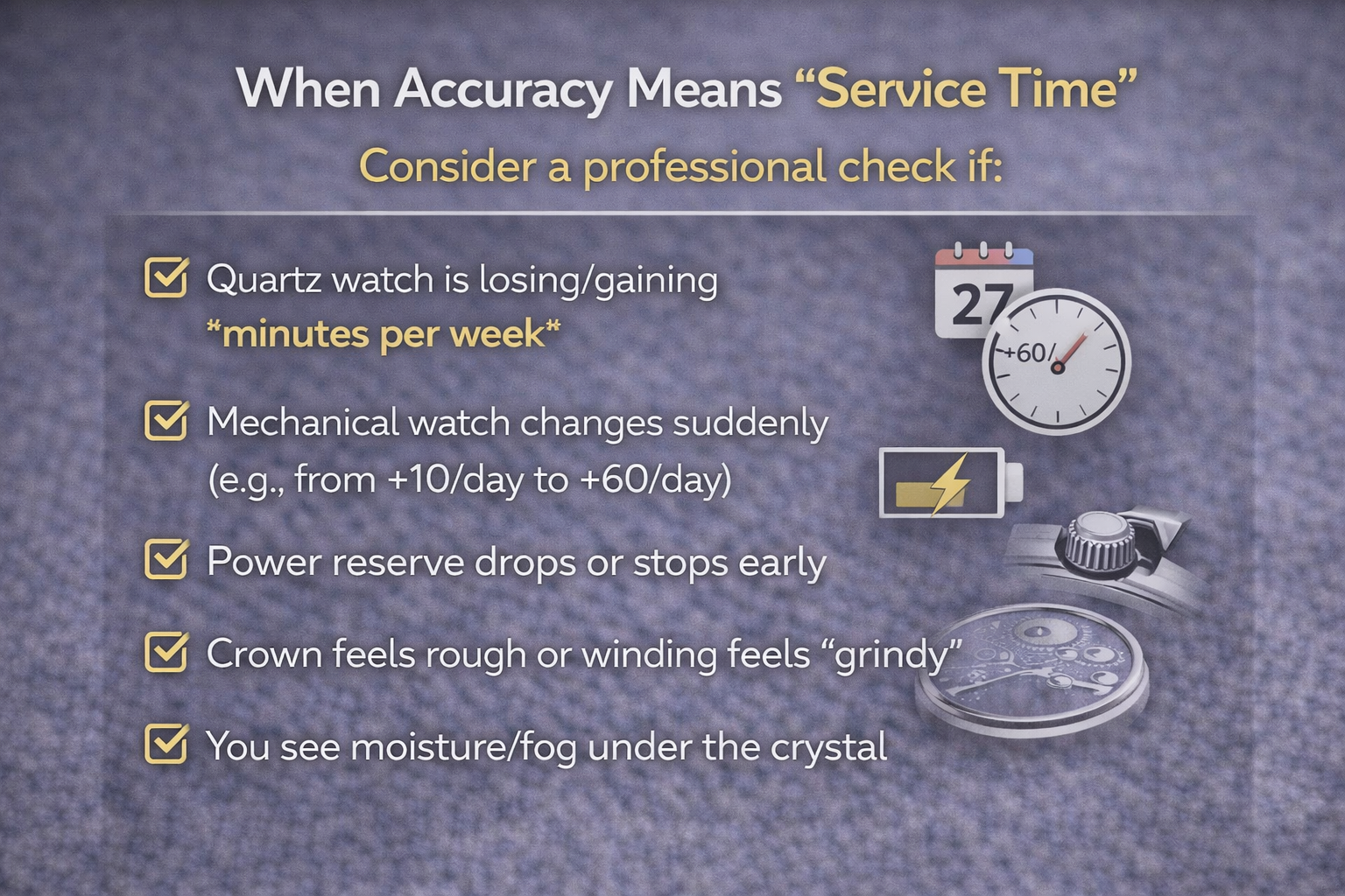 Checklist graphic showing warning signs that watch accuracy issues may require professional service