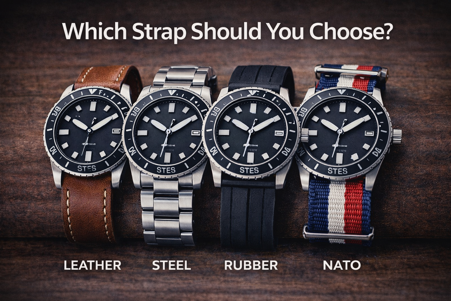 Comparison image of leather, steel, rubber, and NATO watch straps for lifestyle selection