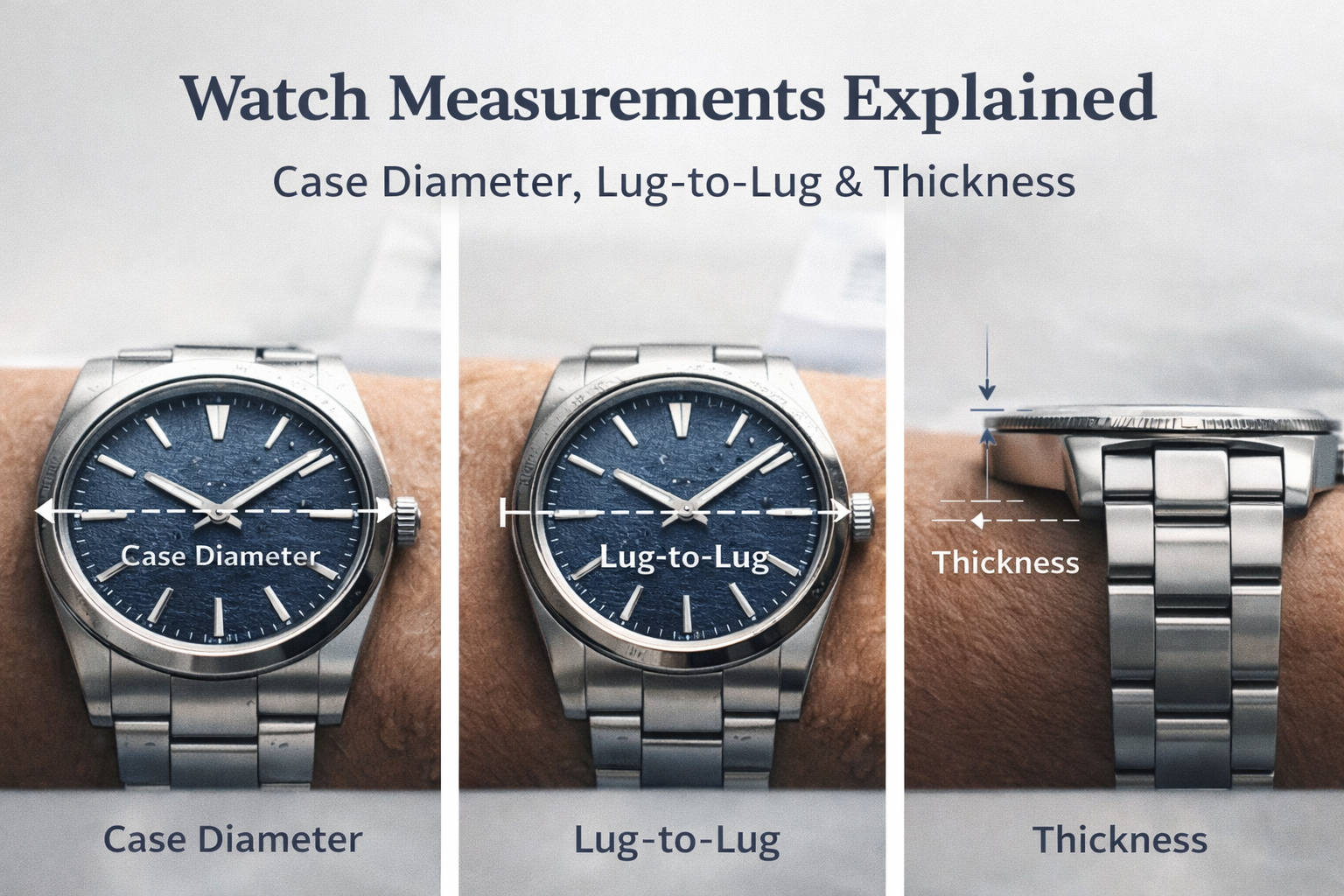 Diagram explaining watch case diameter, lug-to-lug, and thickness measurements