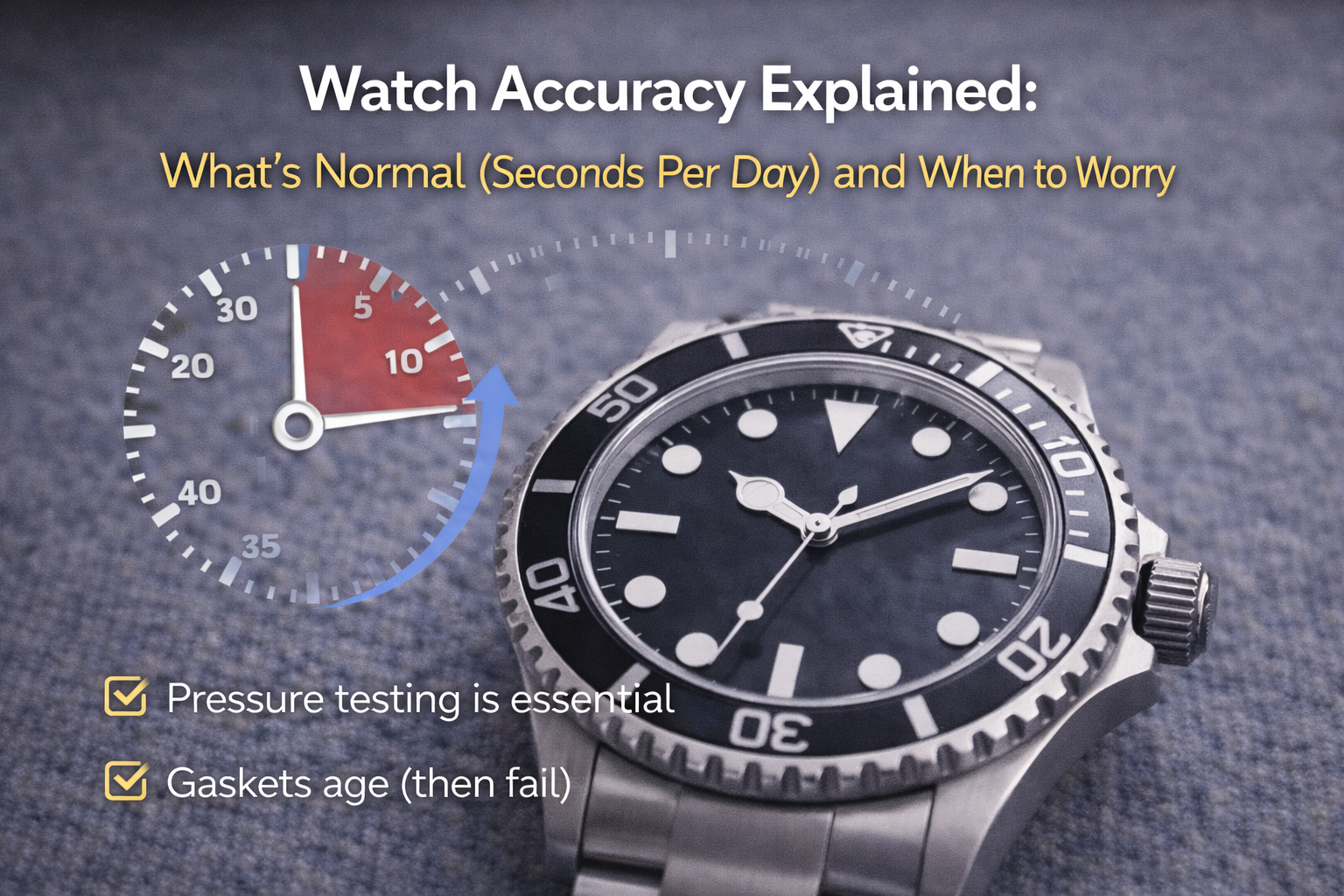 Minimalist close-up of a wristwatch with timing elements, illustrating watch accuracy in seconds per day