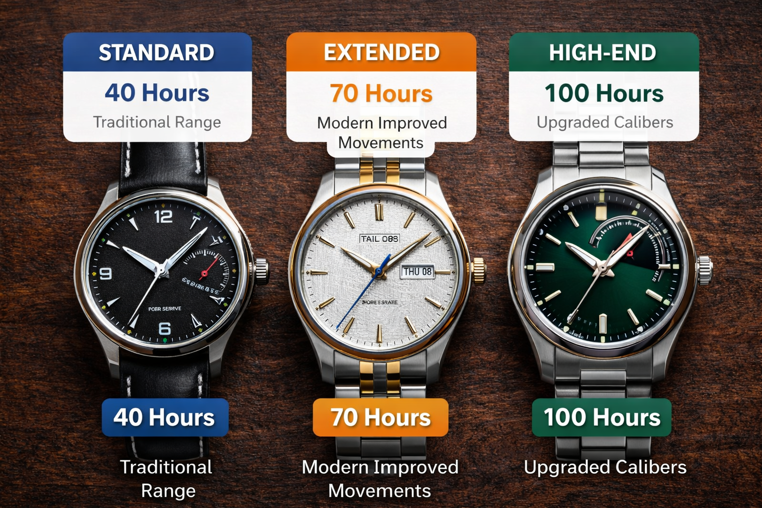Comparison image showing different power reserve durations such as 40 hours and 72 hours in automatic watches.