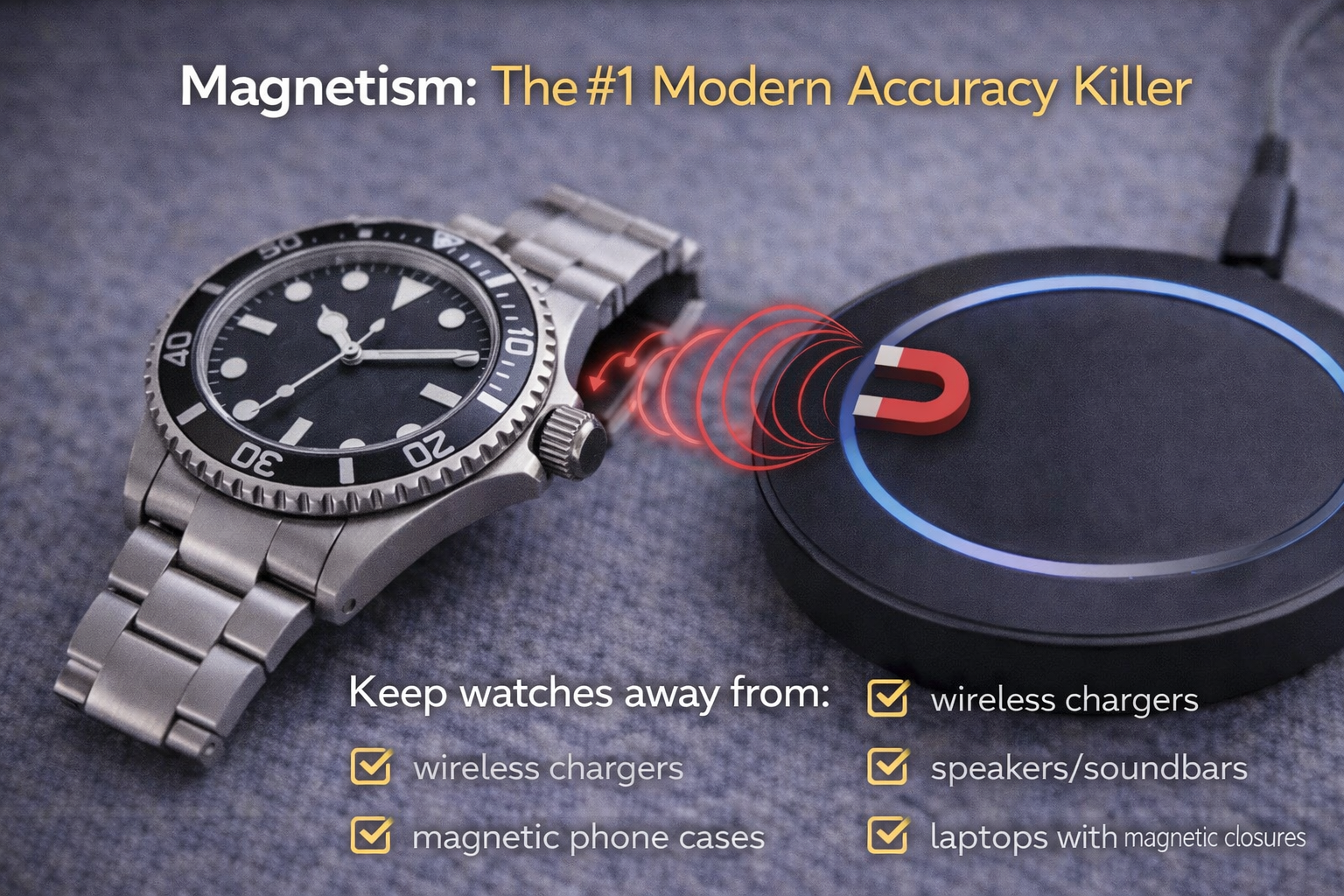 Watch placed near a wireless charger showing magnetism can affect mechanical watch accuracy
