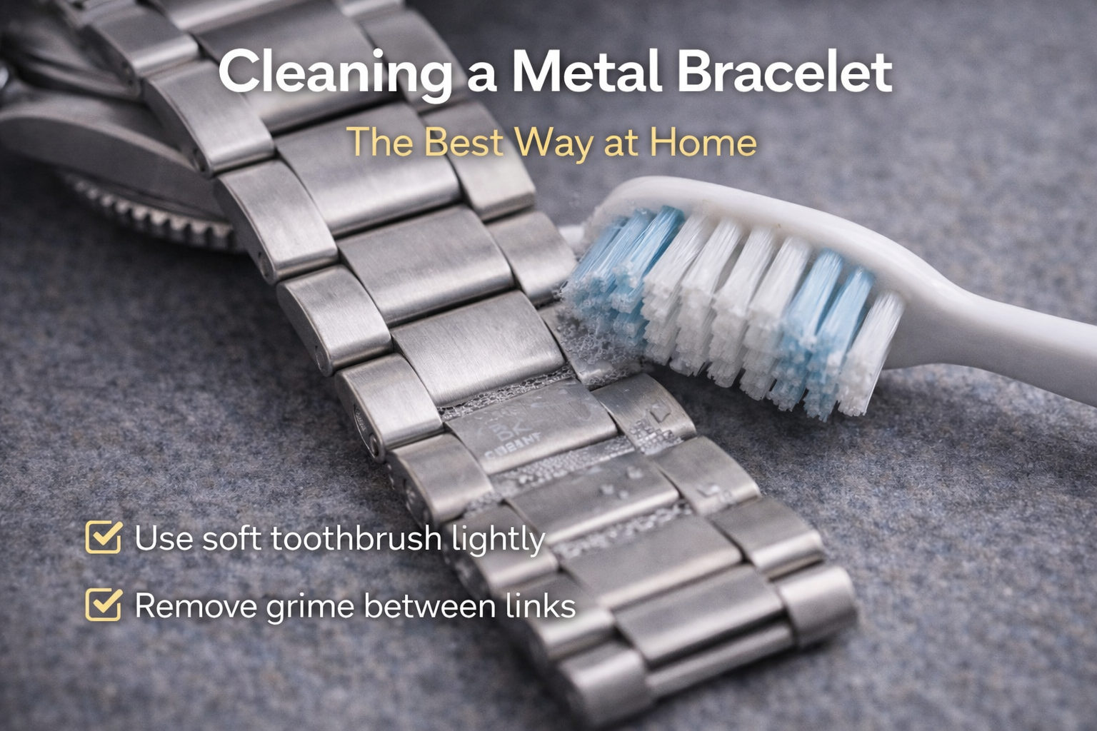 Soft brush cleaning a stainless steel watch bracelet to remove grime between links safely