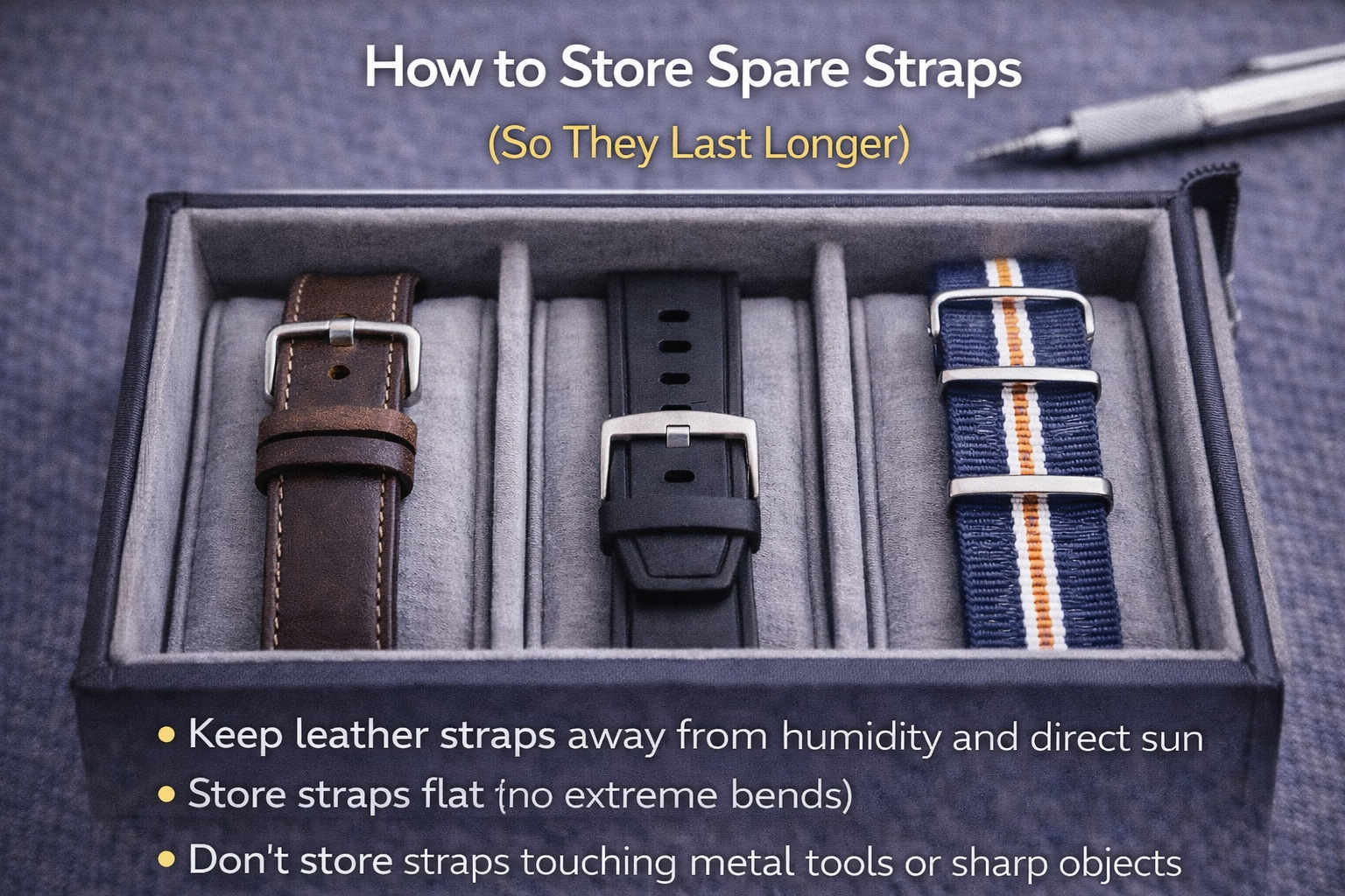 Clean storage of spare watch straps to prevent cracking, odor, and humidity damage