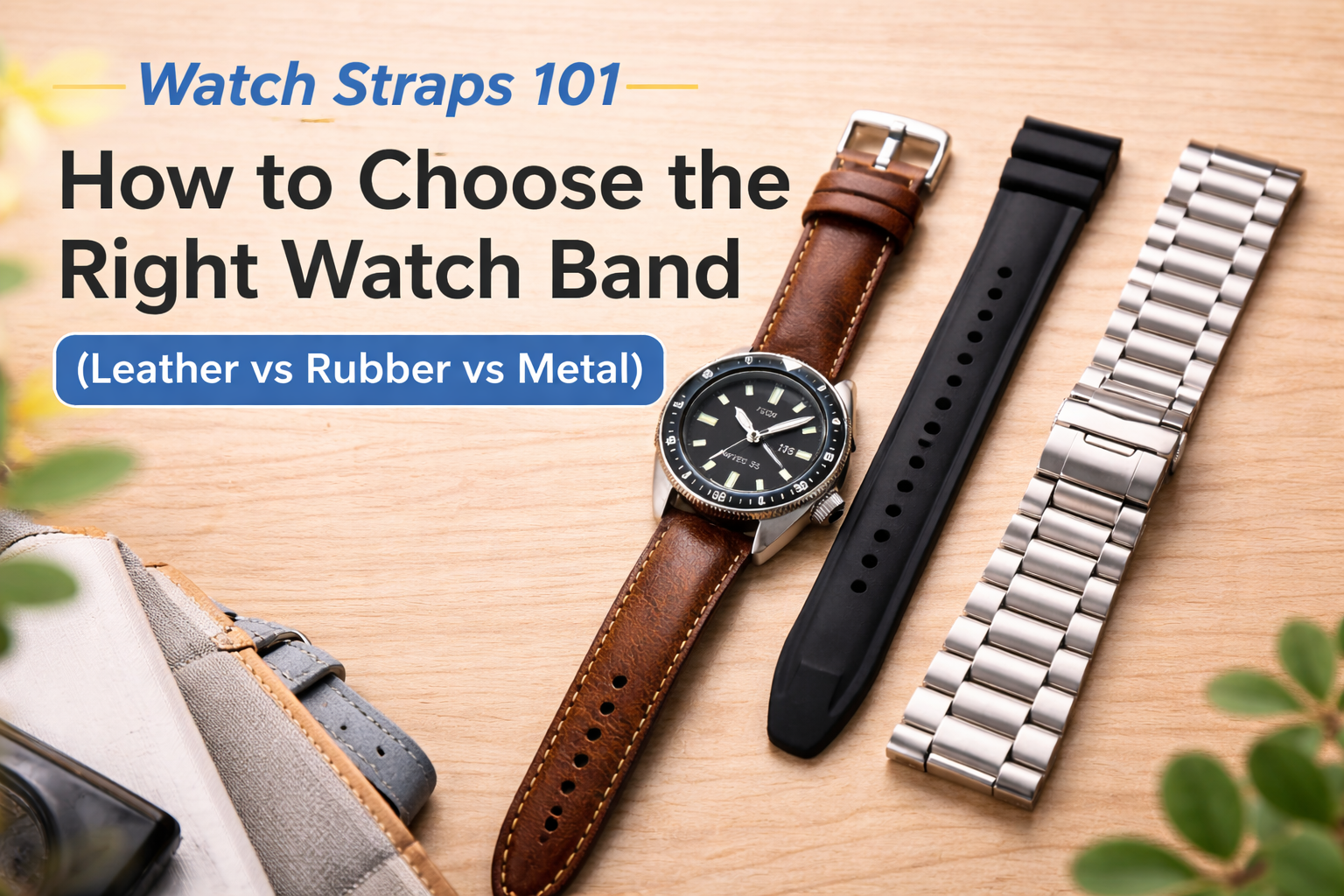 Cover image showing a diver-style watch with leather, rubber, and metal watch bands arranged on a wooden surface
