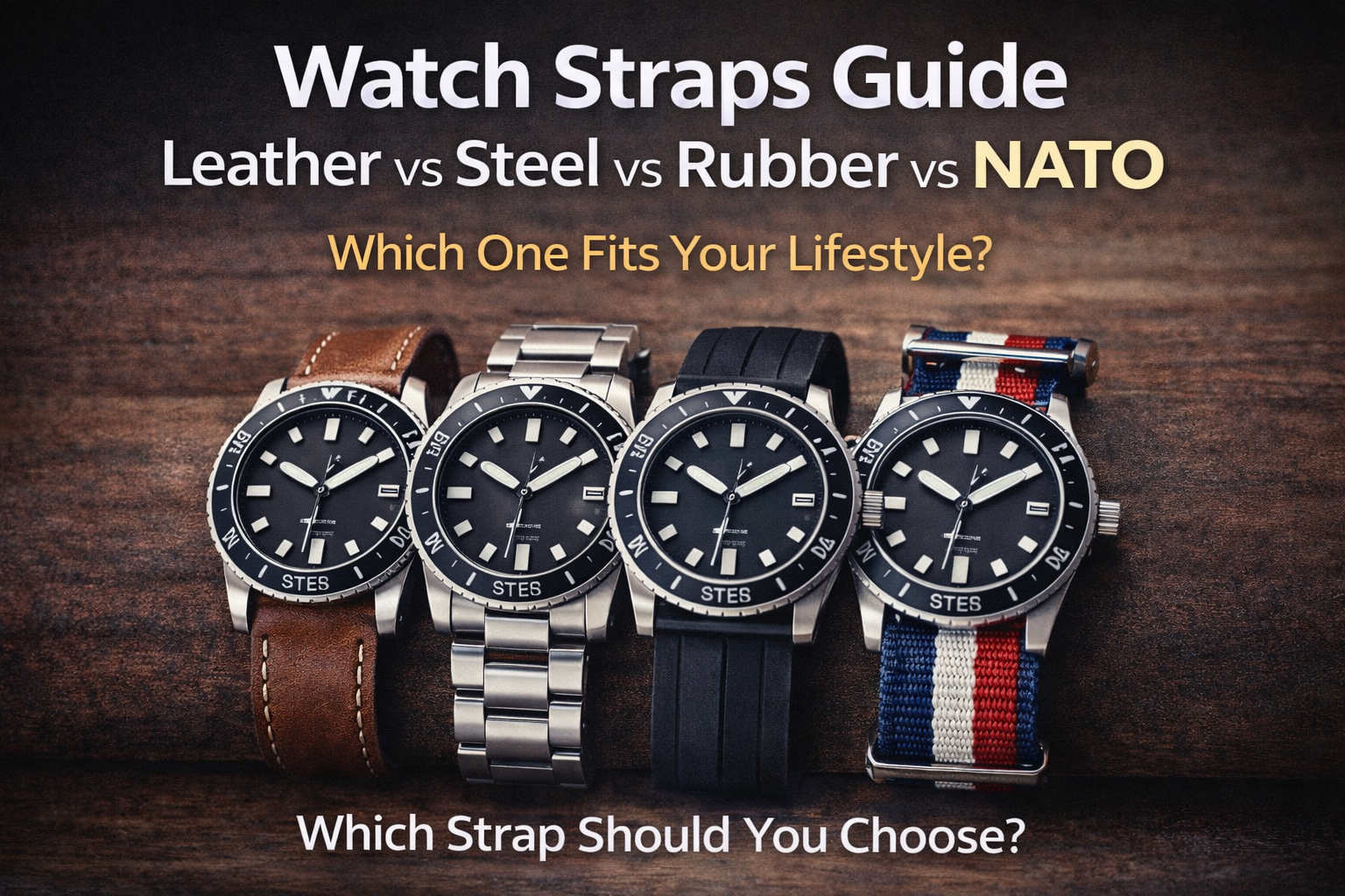 Watch straps guide cover showing leather, steel, rubber, and NATO straps side by side