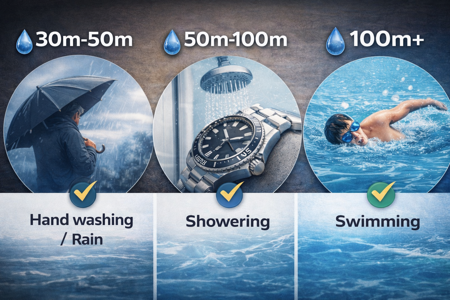 Simple scene icons showing which activities match each water resistance rating.