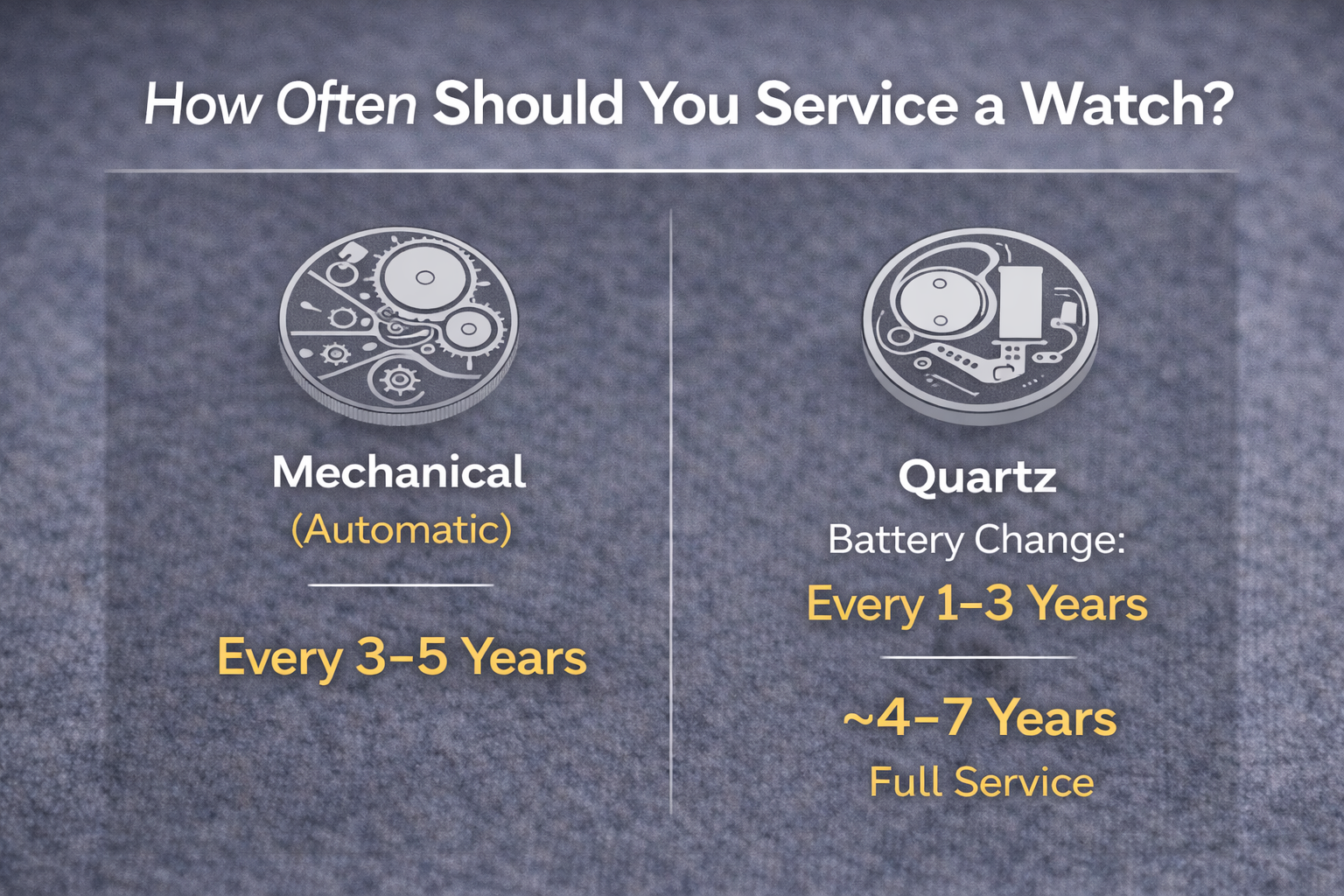 Minimal infographic showing recommended service intervals for mechanical and quartz watches