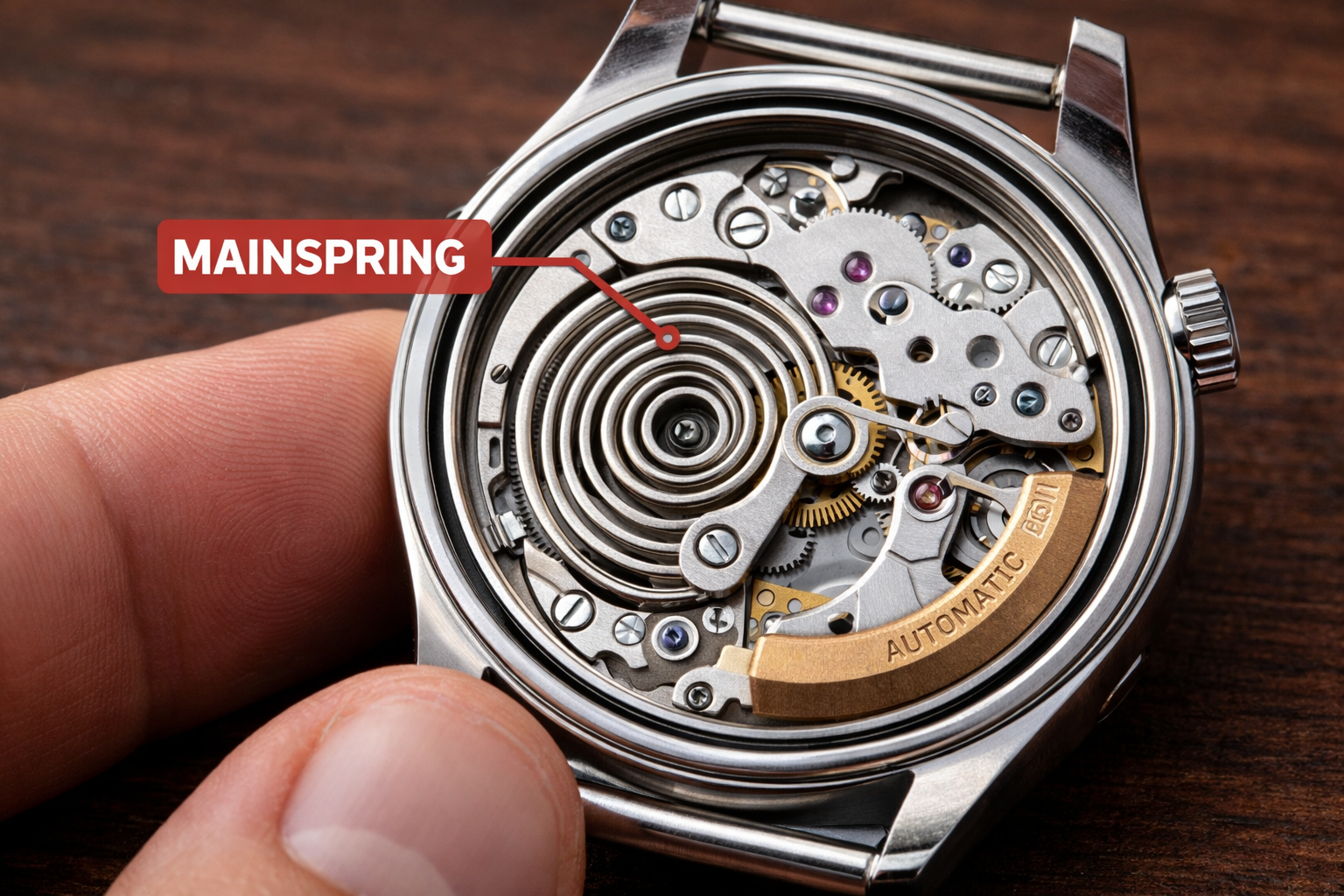 Detailed view of an automatic watch movement highlighting the mainspring responsible for storing energy.