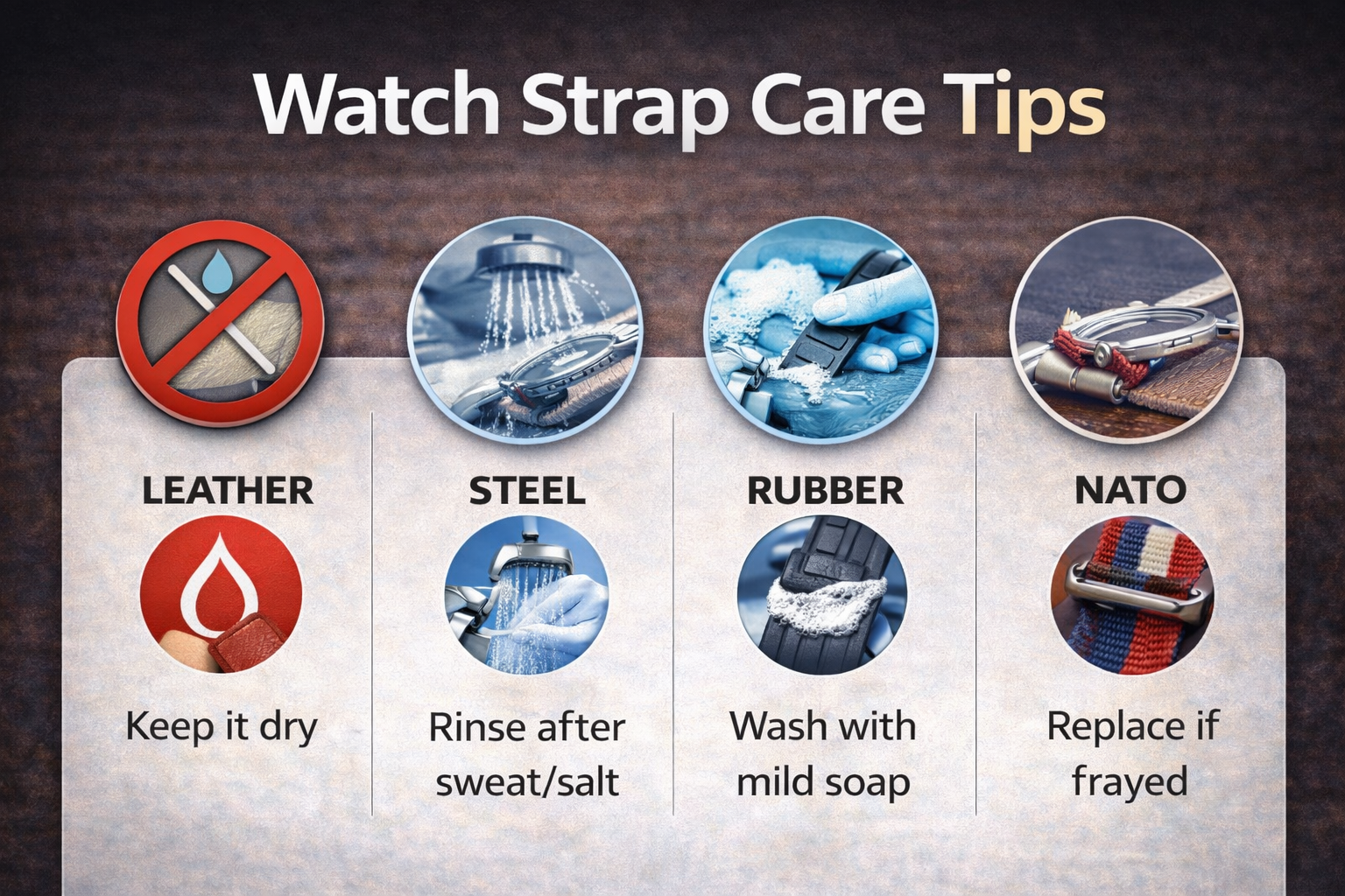 Watch strap care tips infographic for leather, steel, rubber, and NATO straps