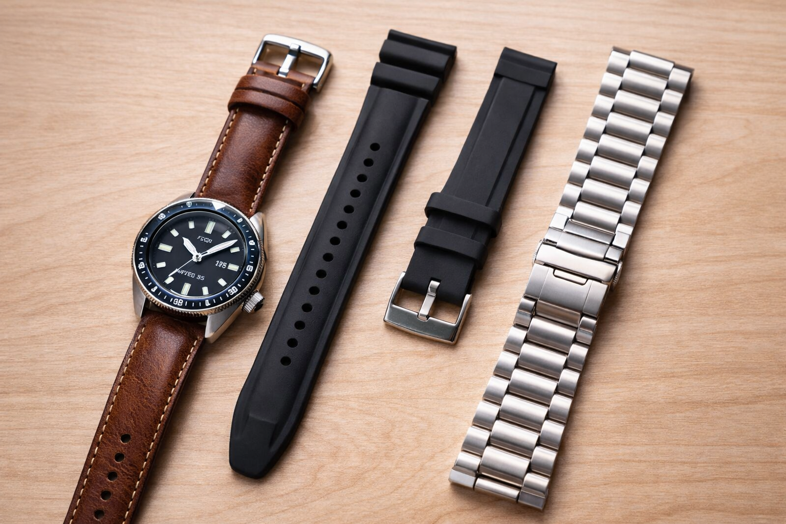 Leather strap, rubber strap, and stainless steel bracelet displayed side by side next to a wristwatch for band comparison