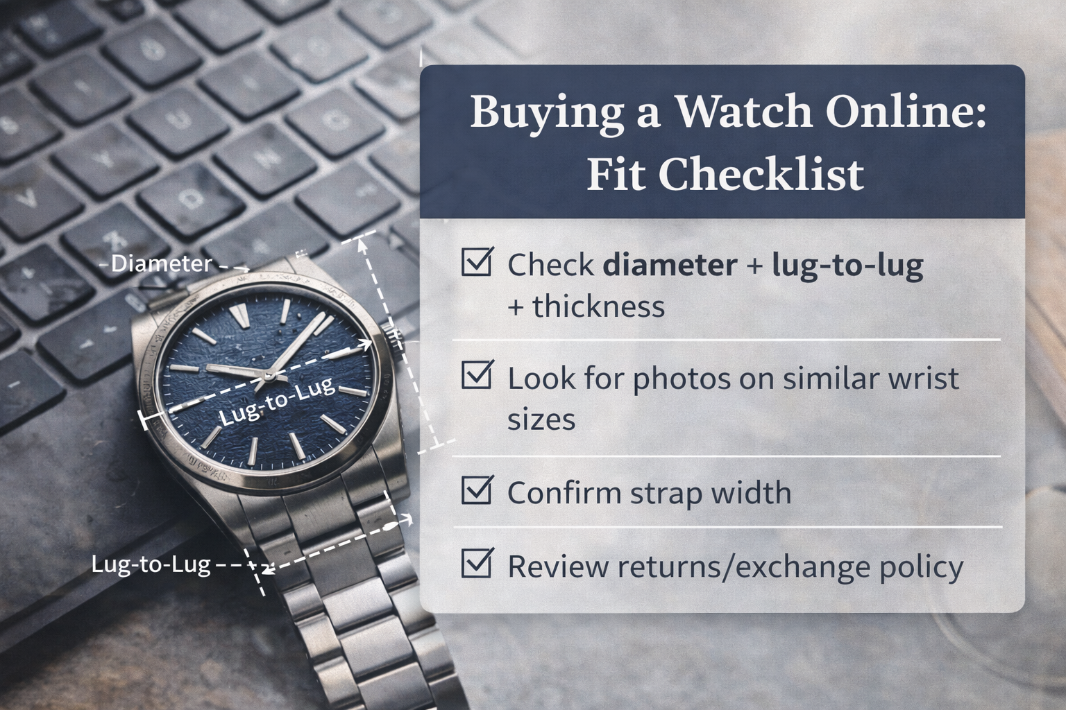 Online watch buying checklist focusing on watch size measurements and fit tips