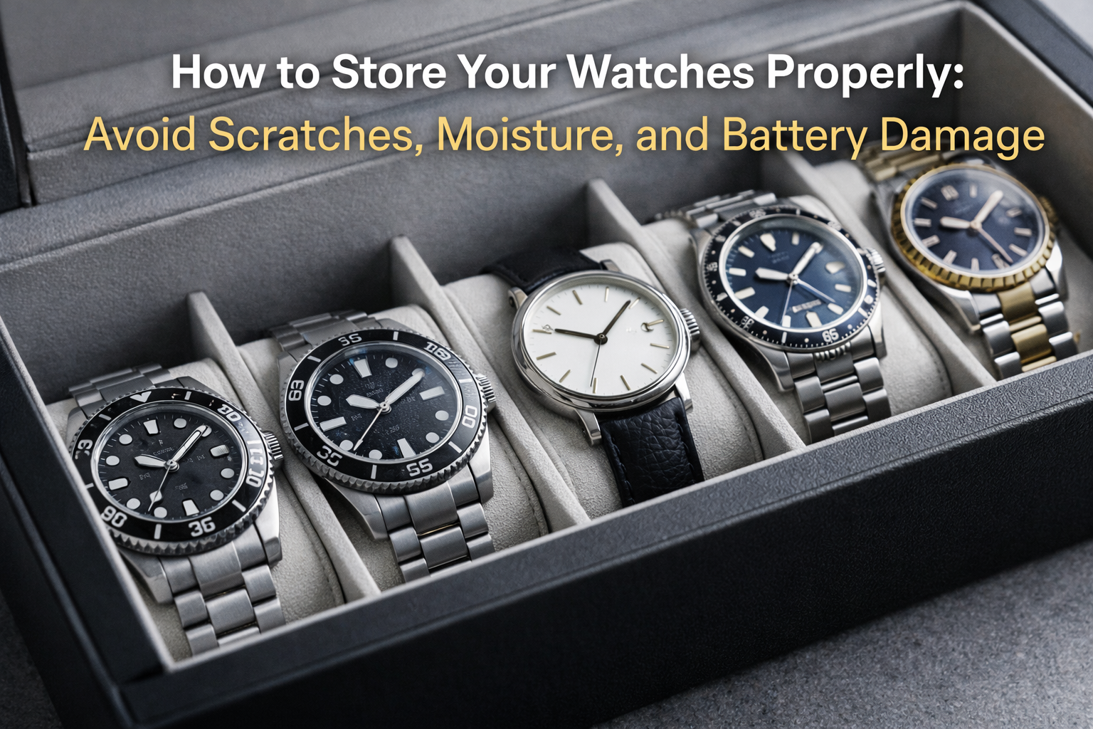 Luxury watches neatly stored in a soft-cushion watch box, illustrating proper watch storage to prevent scratches and moisture