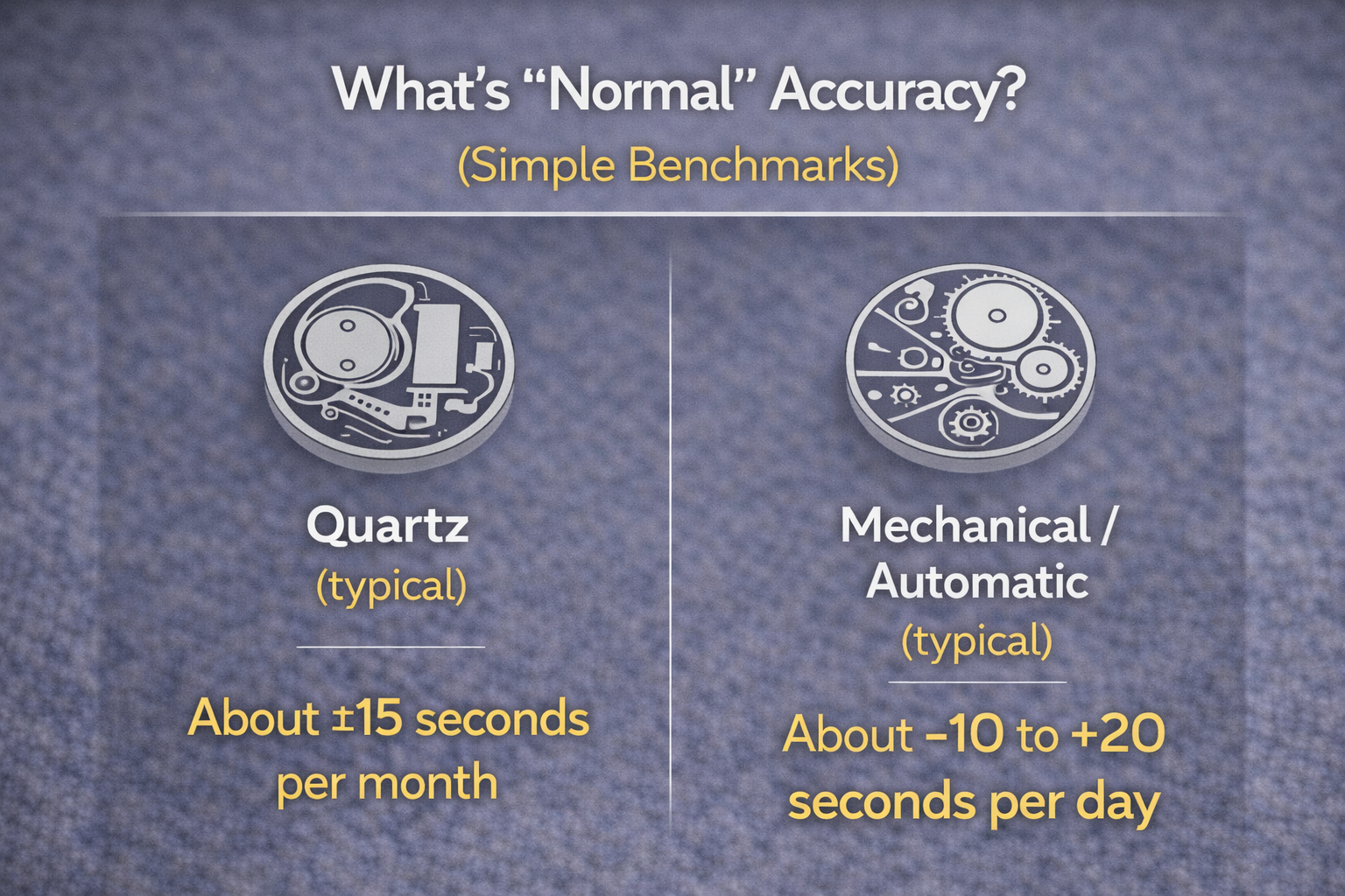 Infographic comparing normal accuracy ranges for quartz and mechanical watches in seconds per day and per month