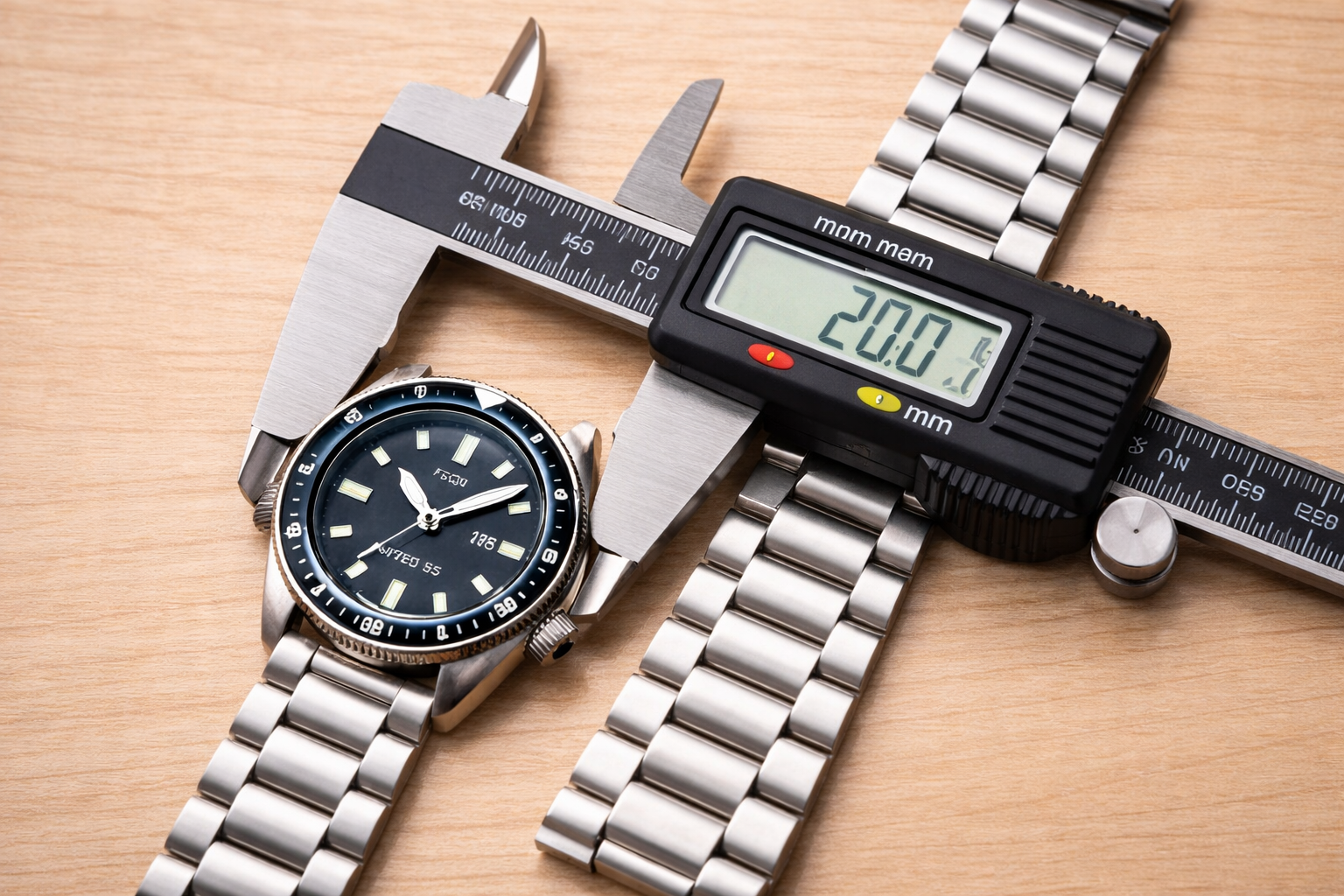 Digital caliper measuring a watch lug width at 20mm for choosing the correct strap size