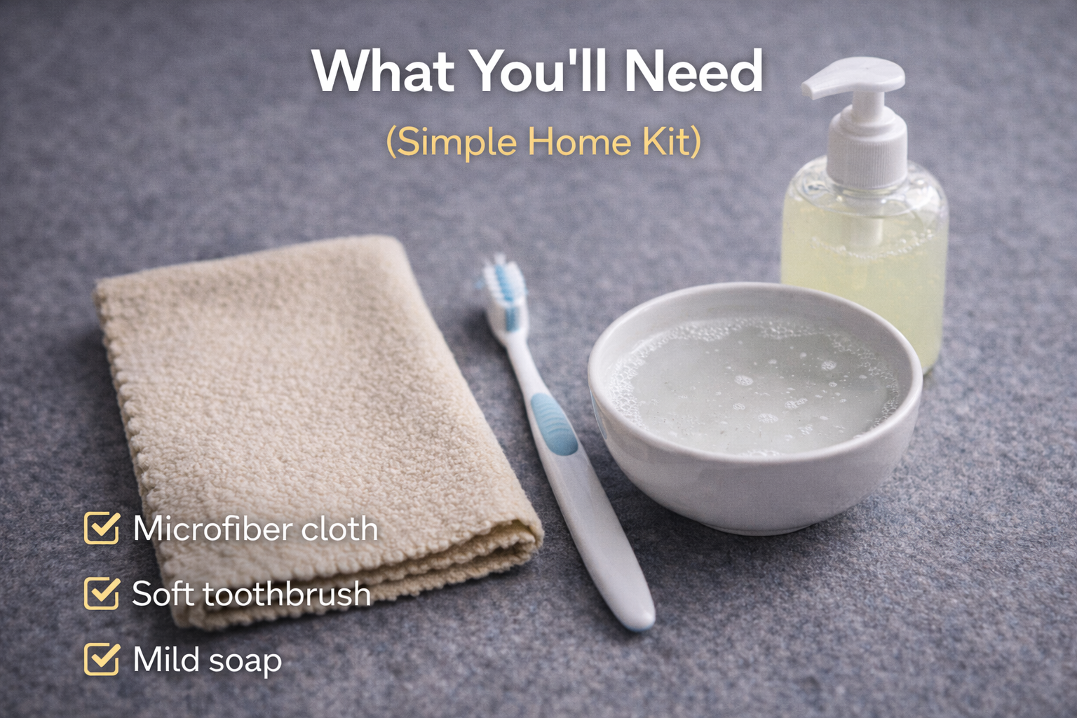 Simple at-home watch cleaning kit with microfiber cloth, soft brush, and mild soap
