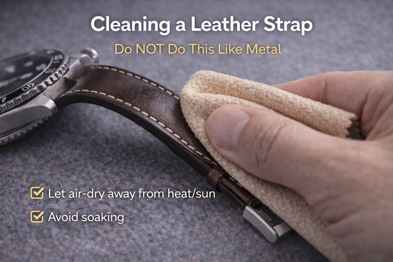 Gently wiping a leather watch strap with a lightly damp microfiber cloth to clean without damage