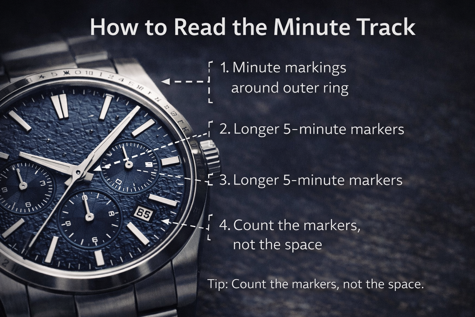 Diagram showing how to read the minute track and hand alignment on a watch dial
