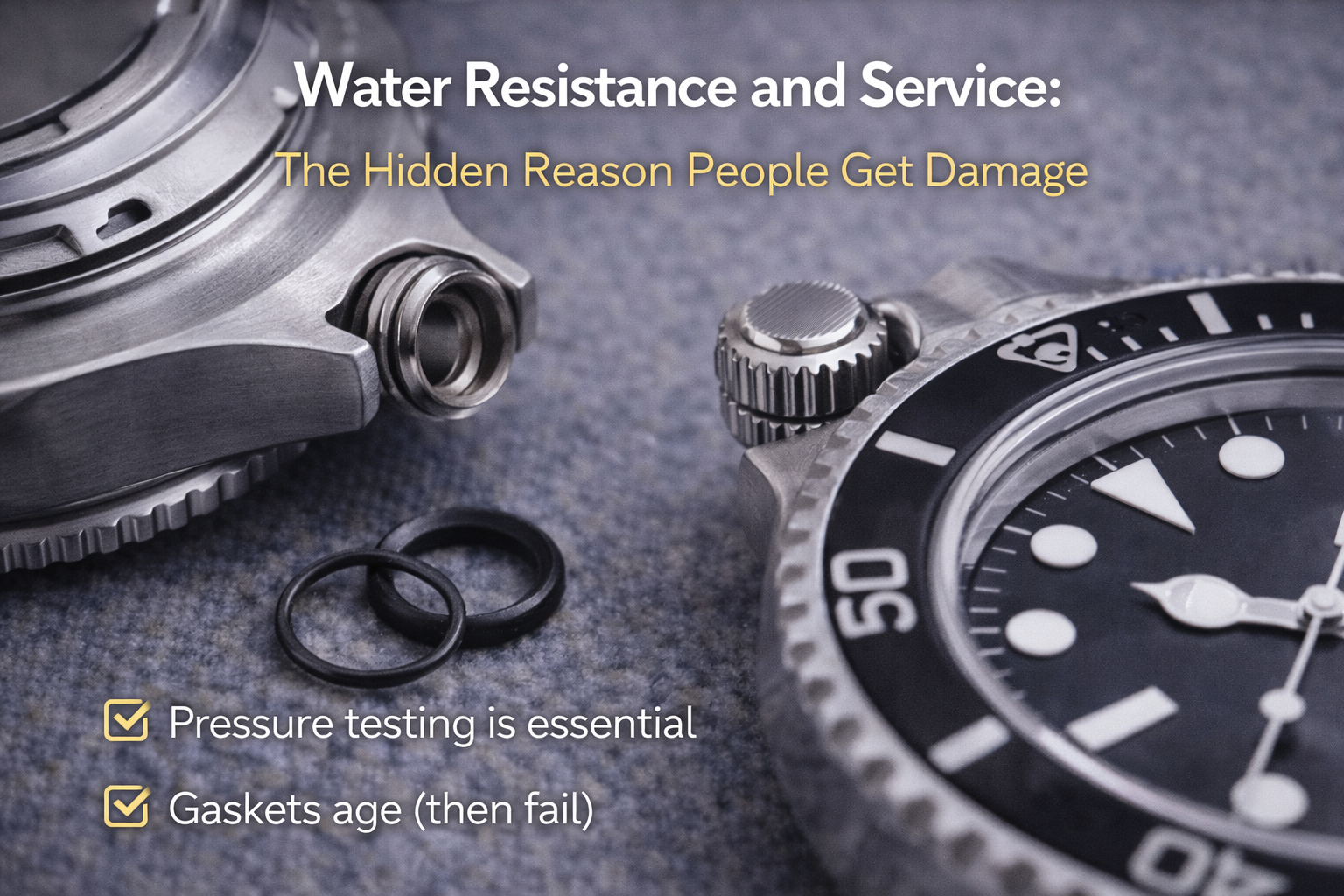 Macro image of watch gaskets and a sealed crown, showing why water resistance checks matter during service