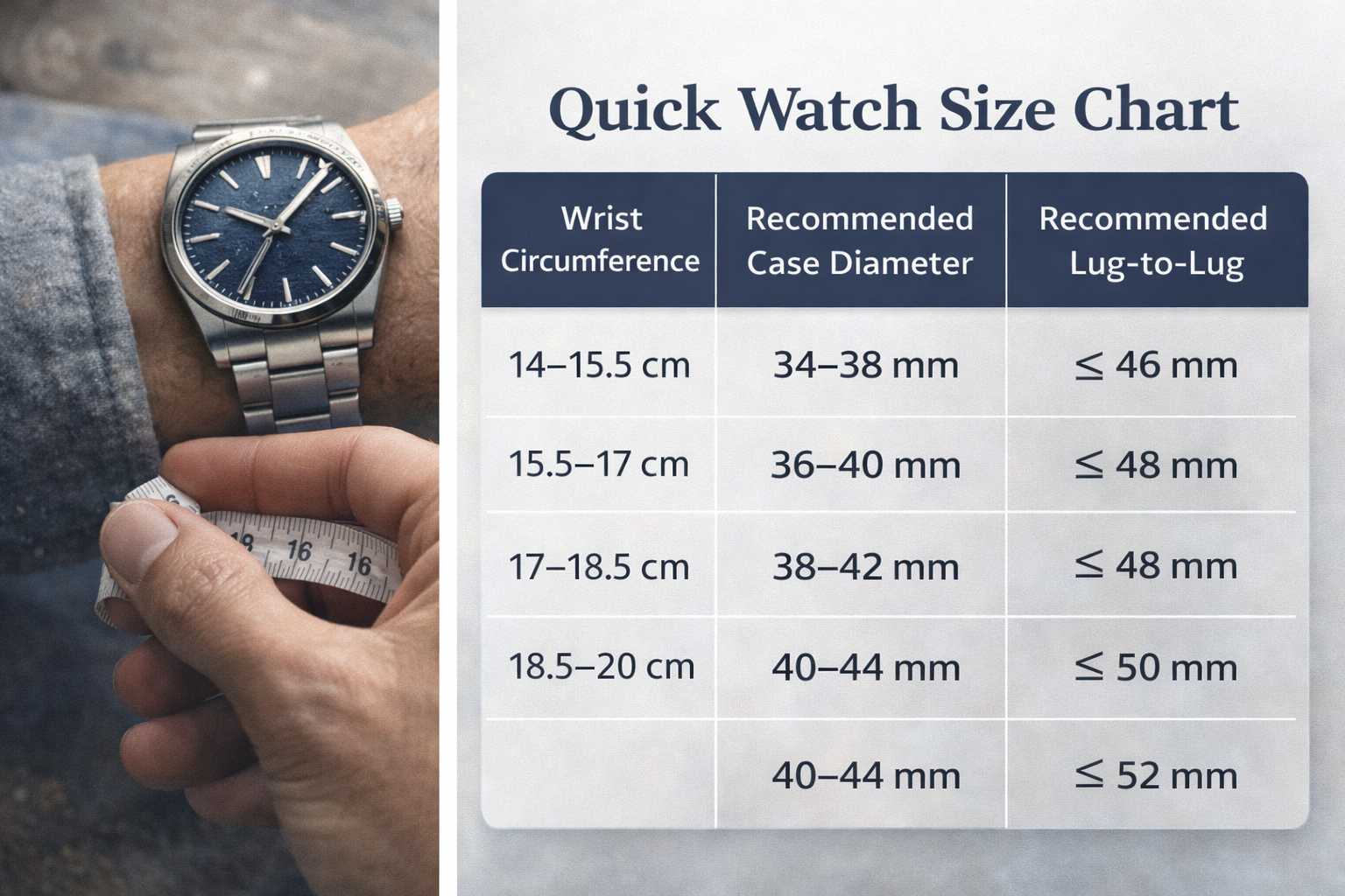Watch size chart matching wrist circumference with recommended case size and lug-to-lug