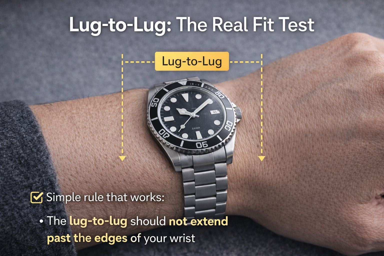Diagram showing watch lug-to-lug measurement and how it affects fit on the wrist