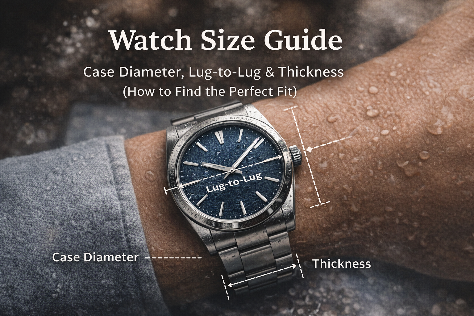 &ldquo;Watch size guide cover image showing a watch on wrist with sizing markers