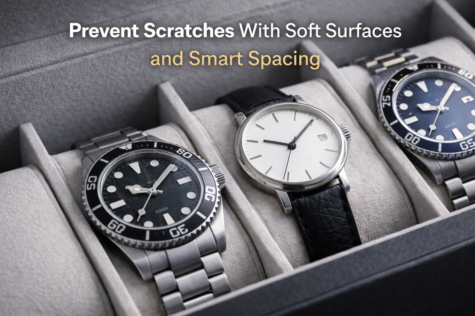 Watches separated in individual cushioned slots to prevent scratches and metal-on-metal contact