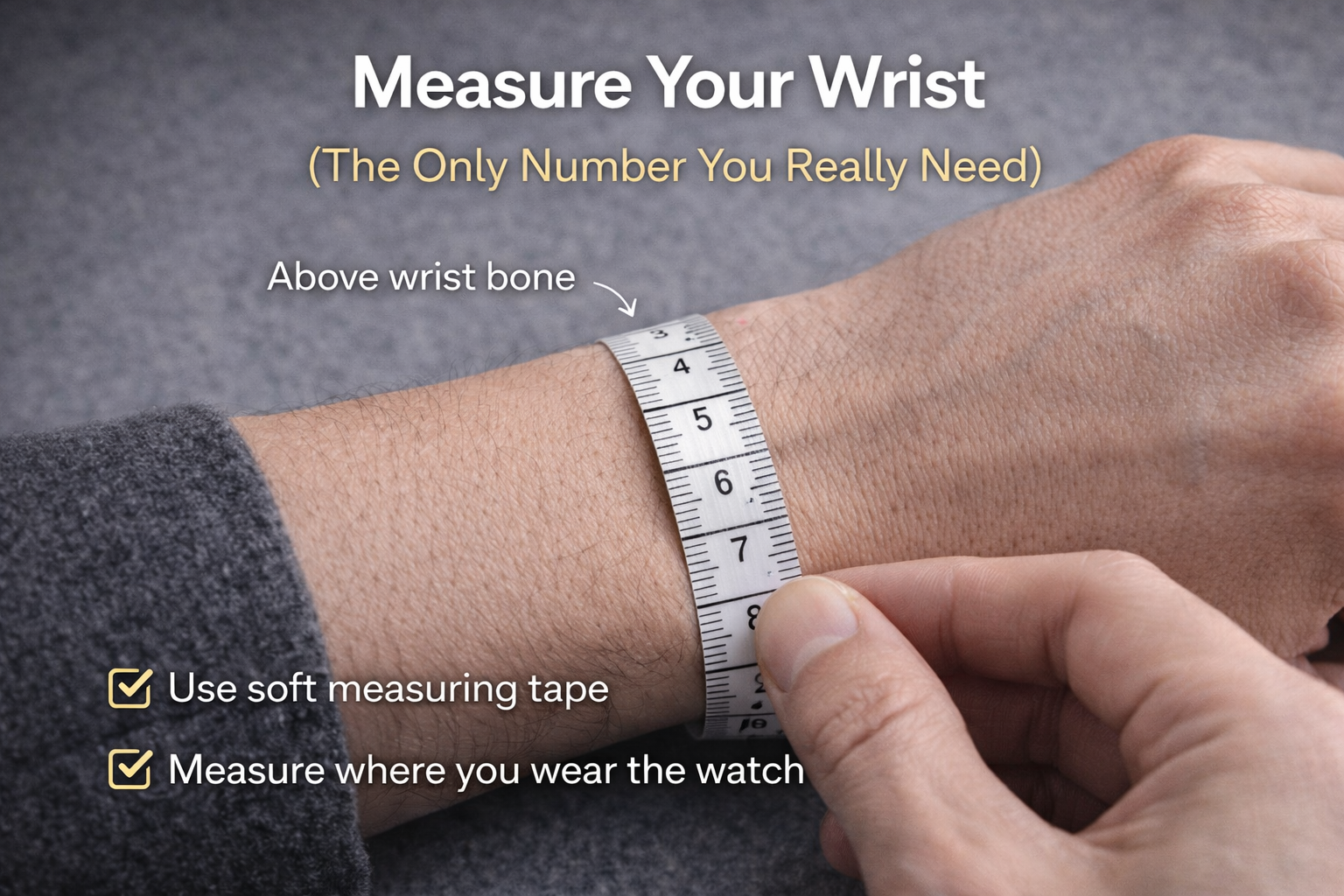 Measuring wrist circumference with a tape measure to choose the correct watch size