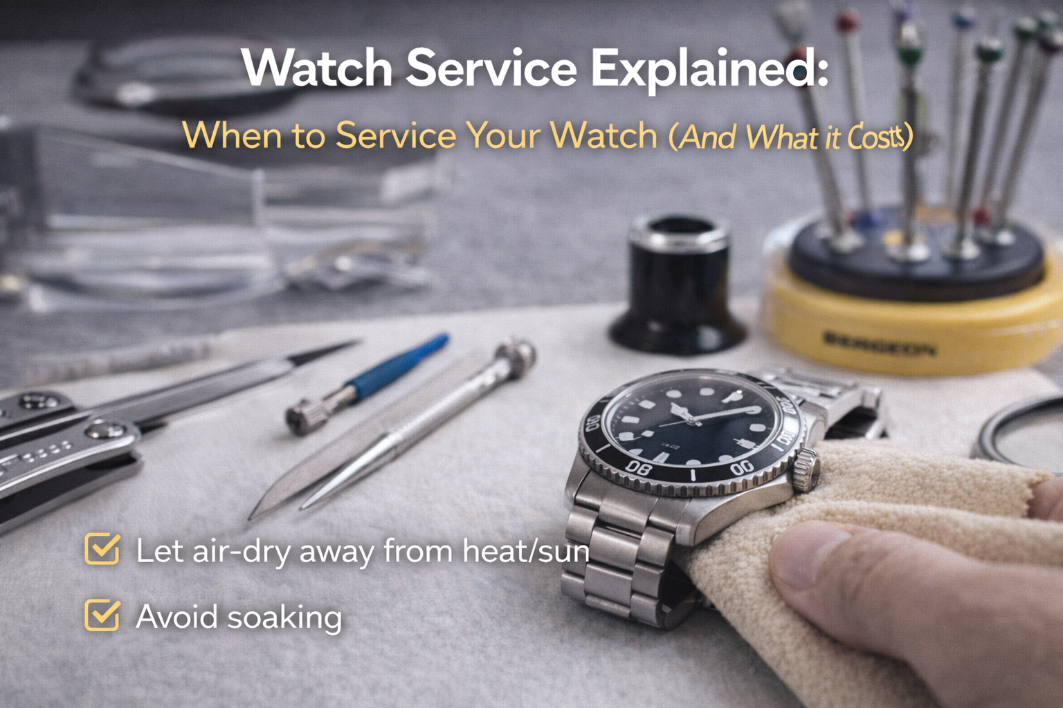 Close-up of a watchmaker tools and a wristwatch on a clean workbench, illustrating watch servicing and maintenance