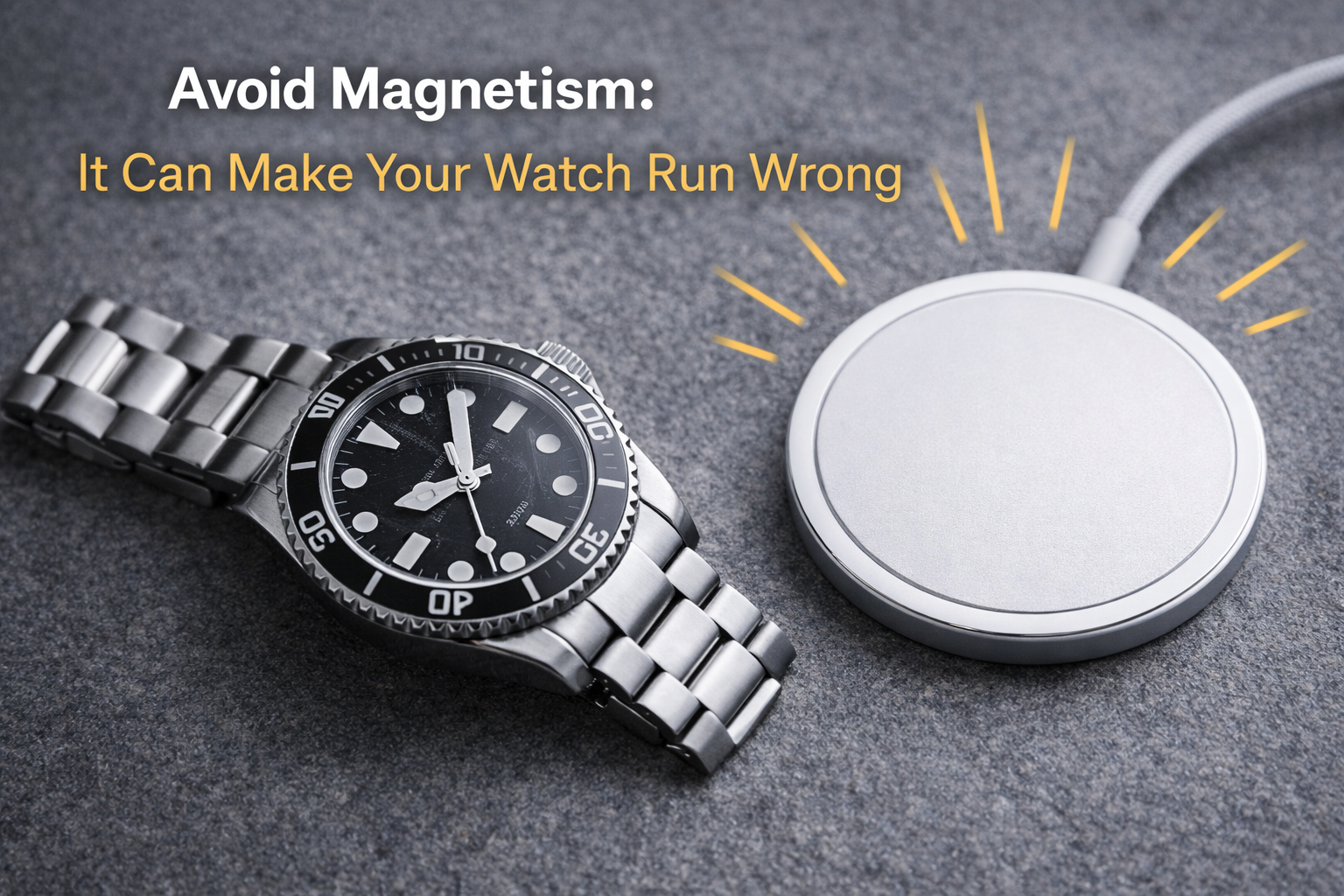 A watch placed away from a wireless charger to show how magnetism can affect watch accuracy