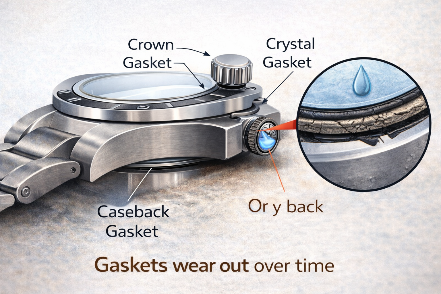 Diagram-style image explaining gaskets, seals, and why water resistance decreases over time.
