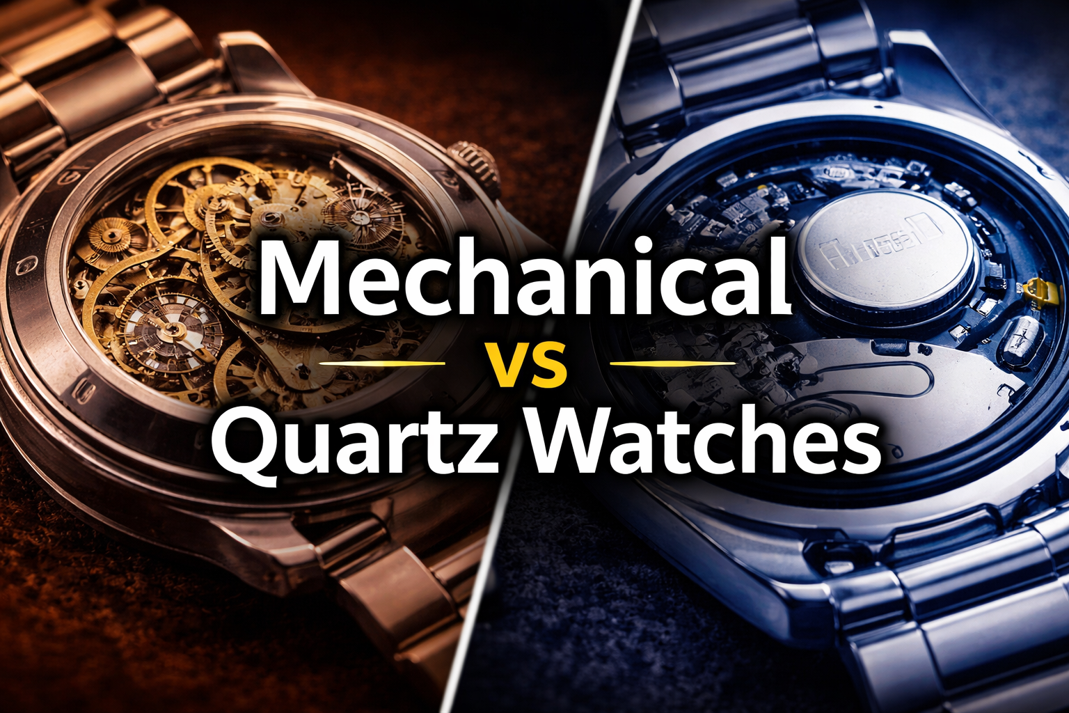 Mechanical vs Quartz Watches comparison showing two open watch backs — the left side reveals intricate golden gears of a mechanical movement, while the right side displays a silver battery and circuit of a quartz watch, highlighting the contrast between craftsmanship and technology.