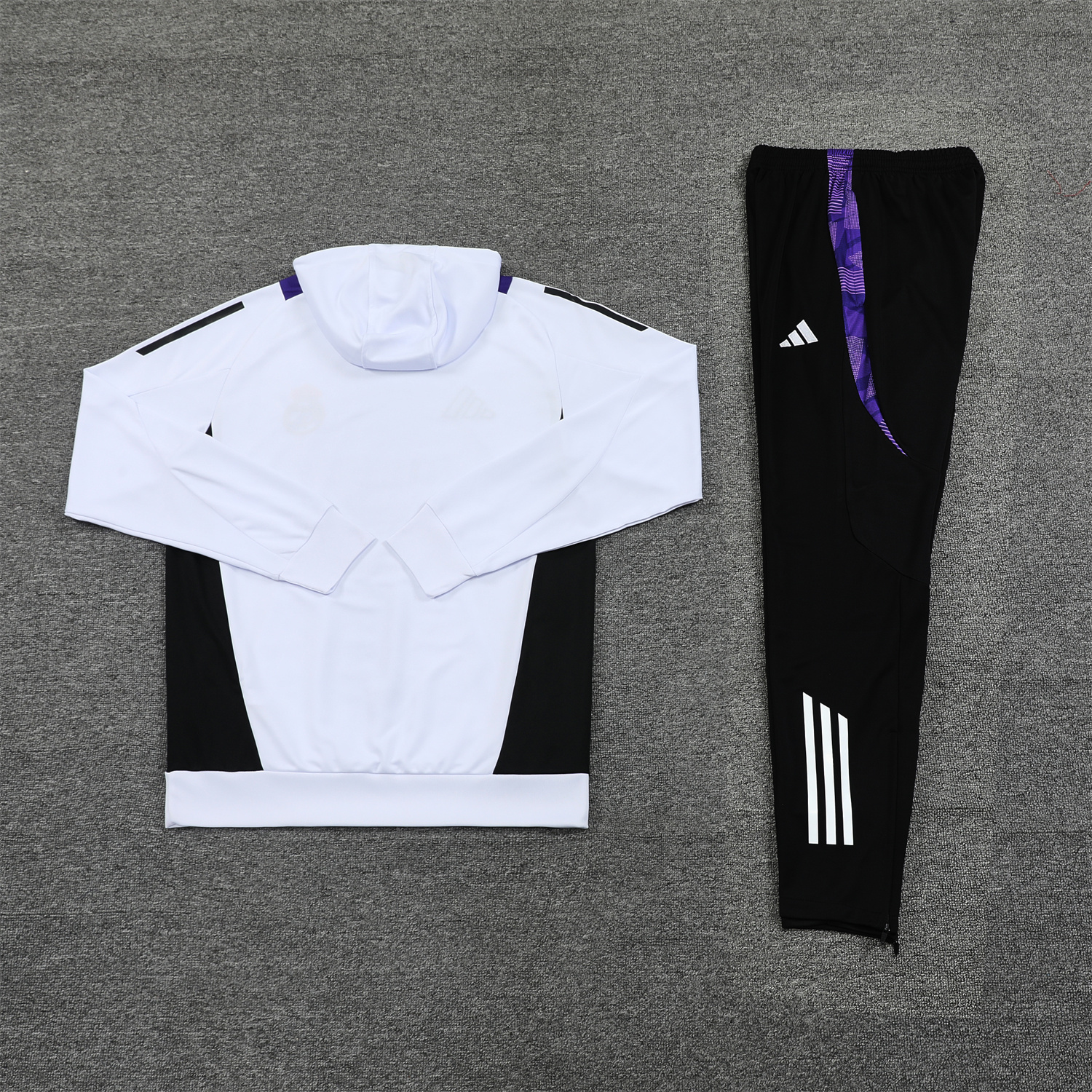 JerseysGala.com | Real Madrid 24-25 Training Hoodie Set - White Hoodie and Black Pants -Customize Name, Number and Patch | Worldwide Shipping
