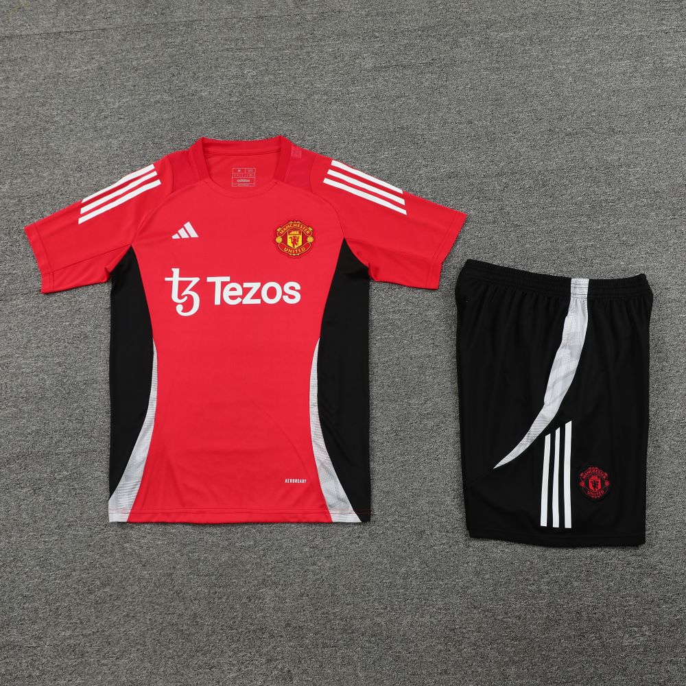 ManixJersey.com | Manchester United 24-25 Short-Sleeve Training Kids Kit - Red Top and Black Shorts -Customize Name, Number and Patch | Worldwide Shipping