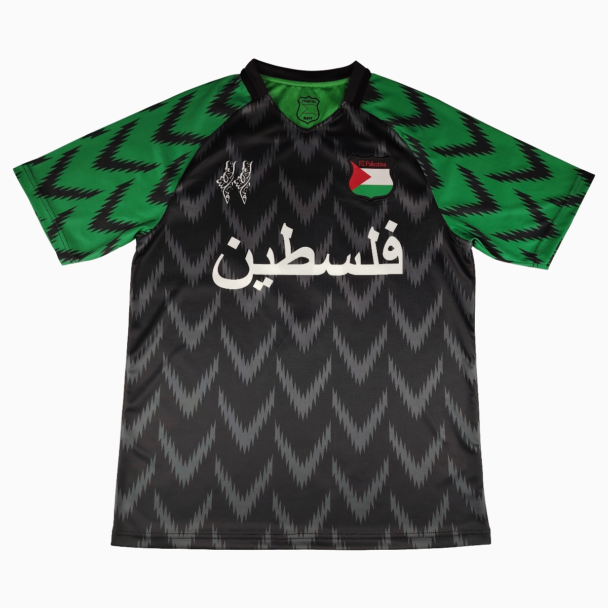 ManixJersey.com | FC Palestina 24-25 Black and Green Arrow Pattern Jersey with Arabic and Pattern -Customize Name, Number and Patch | Worldwide Shipping