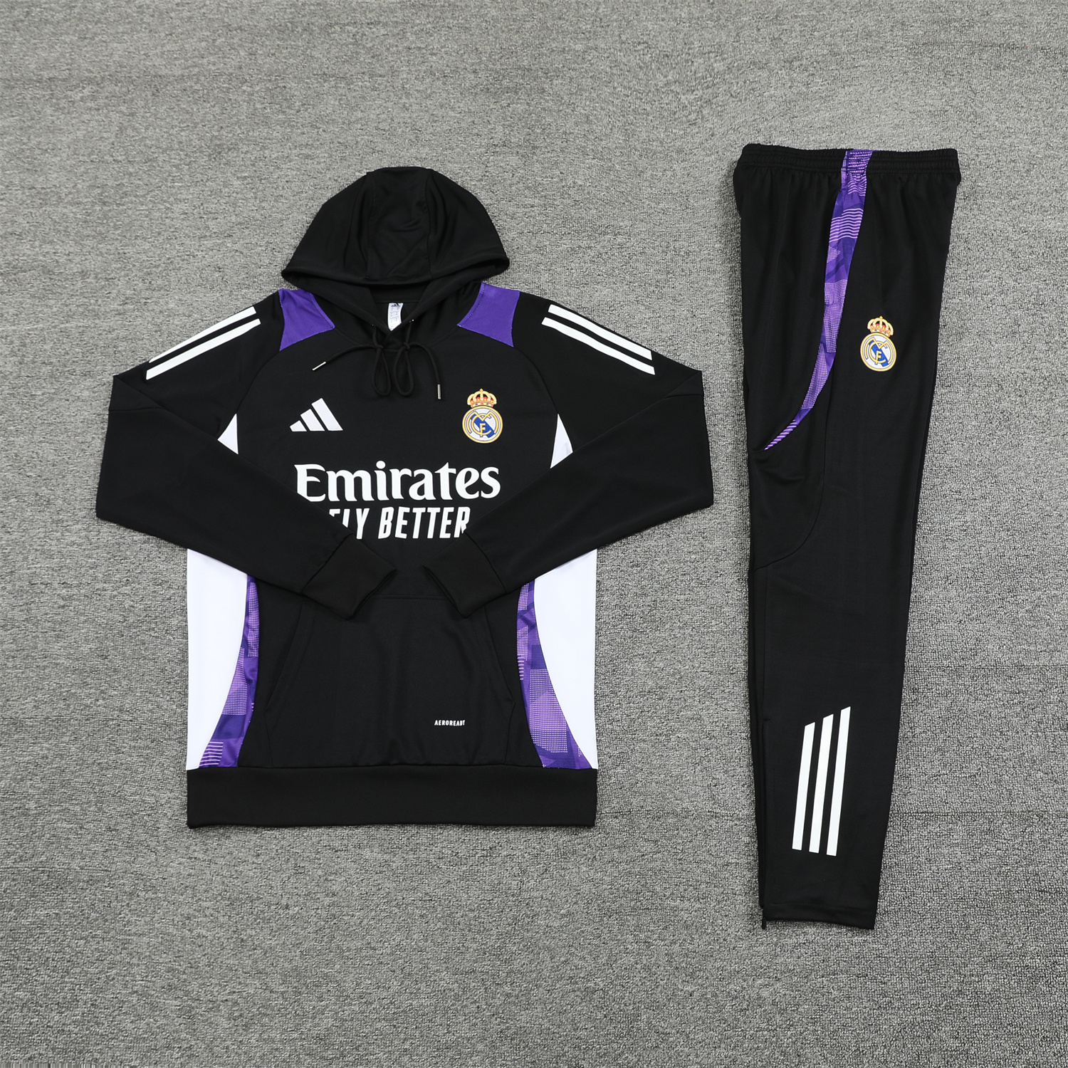 JerseysGala.com | Real Madrid 24-25 Training Hoodie Set - Black Hoodie and Black Pants -Customize Name, Number and Patch | Worldwide Shipping