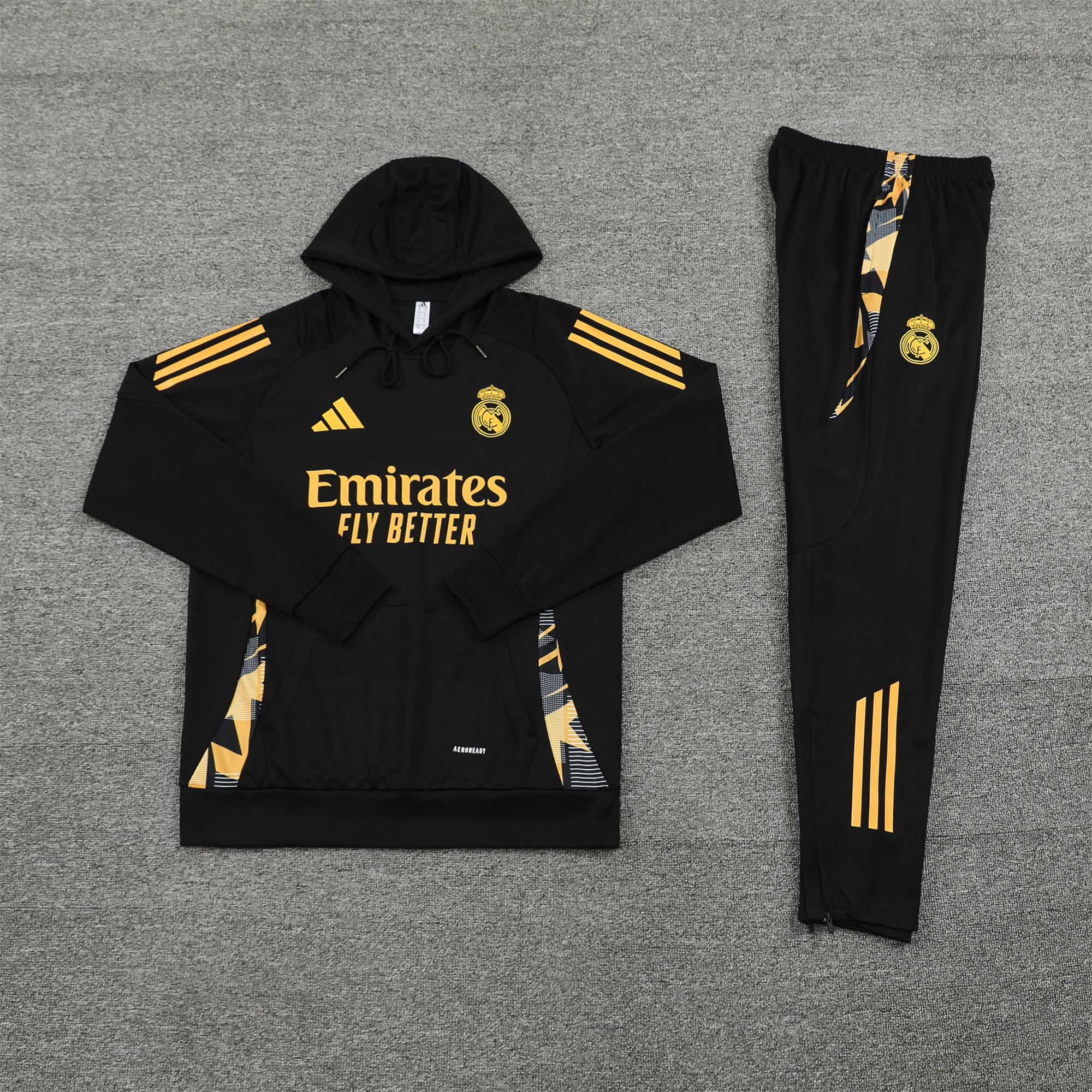 JerseysGala.com | Real Madrid 24-25 Long Sleeve Training Set - Black Gold -Customize Name, Number and Patch | Worldwide Shipping
