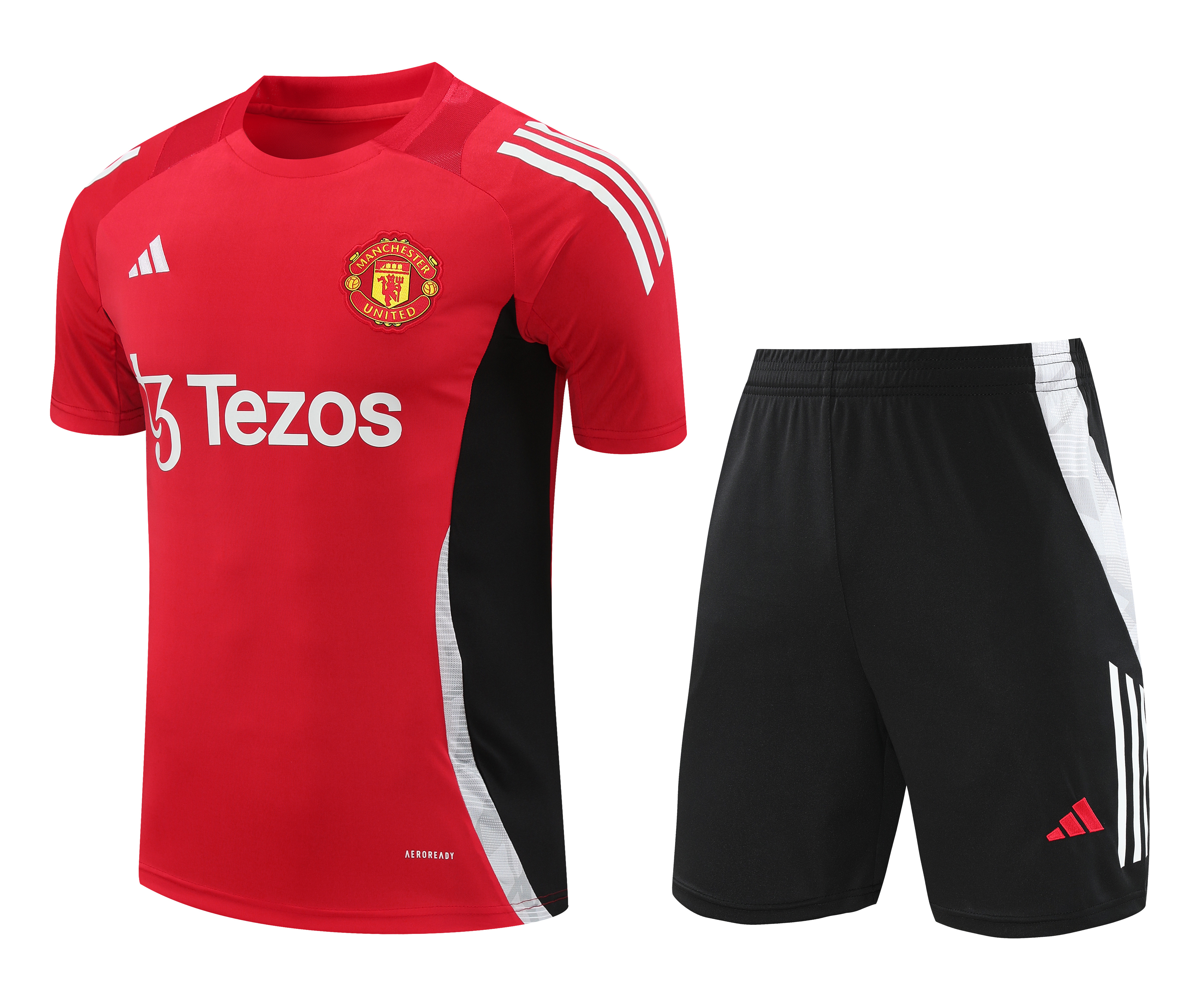 ManixJersey.com | Manchester United 24-25 Short-Sleeve Training Set - Red Top and Black Shorts -Customize Name, Number and Patch | Worldwide Shipping