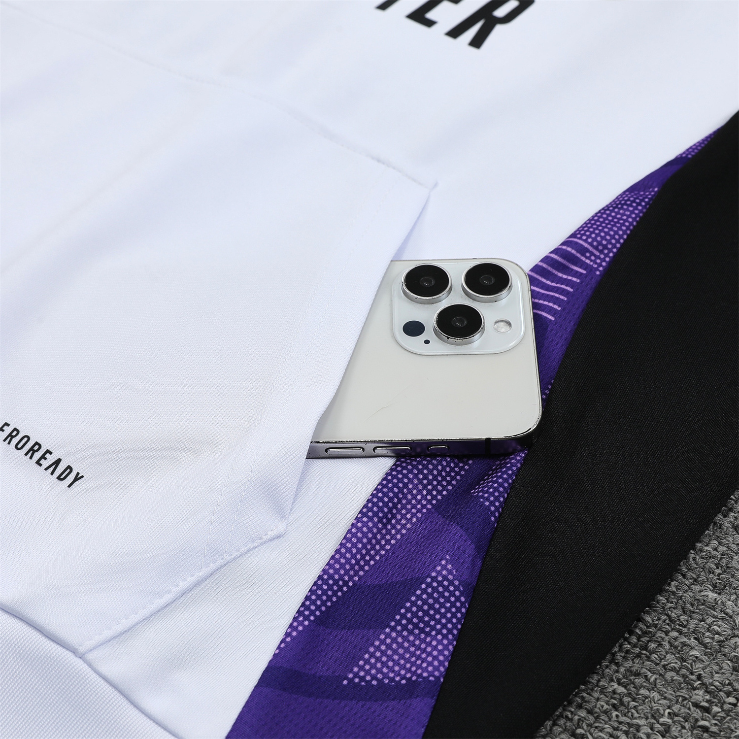 JerseysGala.com | Real Madrid 24-25 Training Hoodie Set - White Hoodie and Black Pants -Customize Name, Number and Patch | Worldwide Shipping