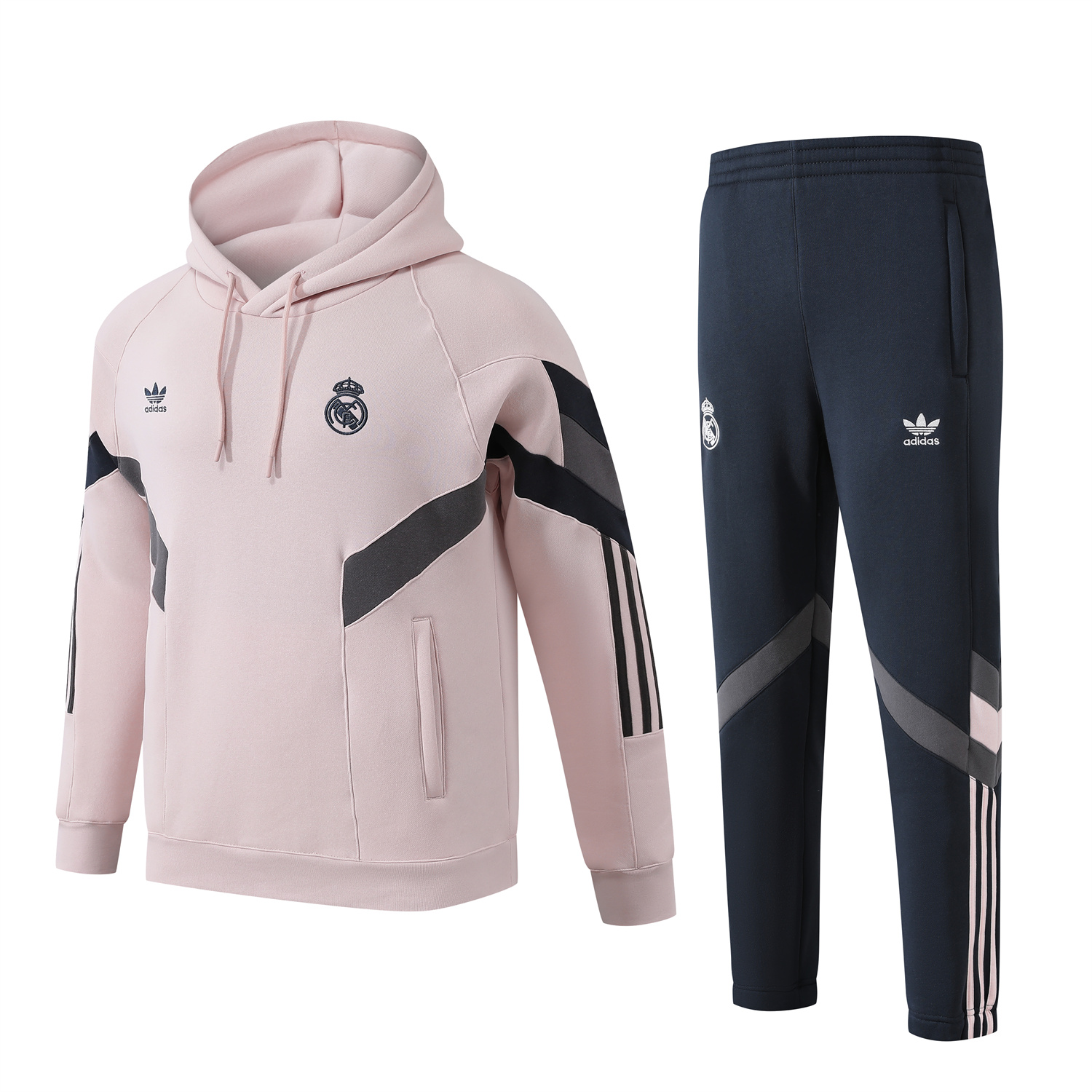 JerseysGala.com | Real Madrid 24-25 Fleece-Lined Training Hoodie Set - Light Pink Hoodie and Deep Grey Pants -Customize Name, Number and Patch | Worldwide Shipping