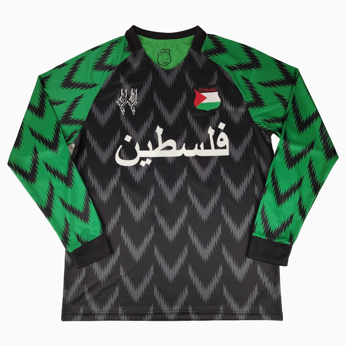 JerseysGala.com | FC Palestina 24-25 Black and Green Arrow Pattern Long Sleeve Jersey with Arabic and Pattern -Customize Name, Number and Patch | Worldwide Shipping