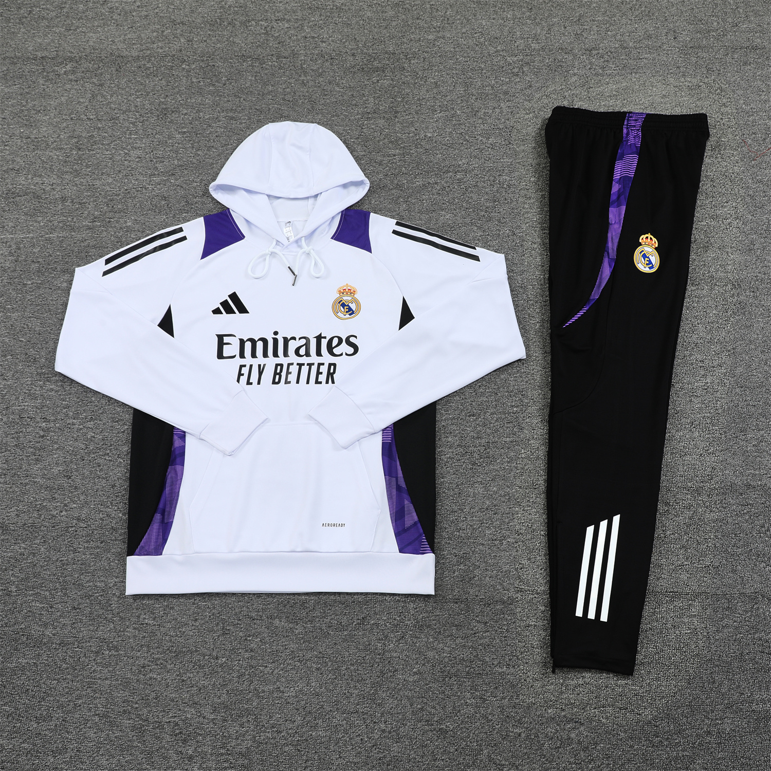 JerseysGala.com | Real Madrid 24-25 Training Hoodie Set - White Hoodie and Black Pants -Customize Name, Number and Patch | Worldwide Shipping