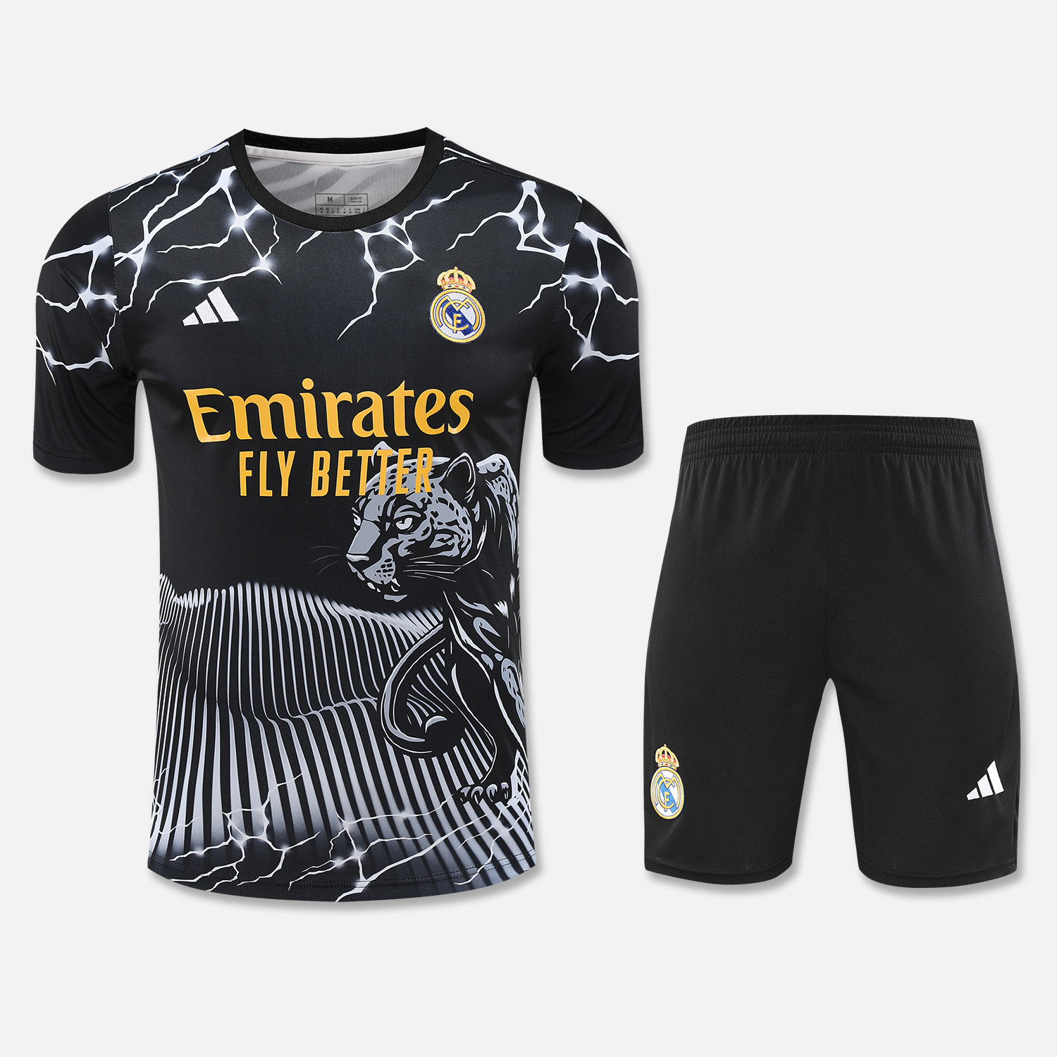 JerseysGala.com | Real Madrid 24-25 Short-Sleeve Training Set - White Leopard Top & Black Shorts -Customize Name, Number and Patch | Worldwide Shipping