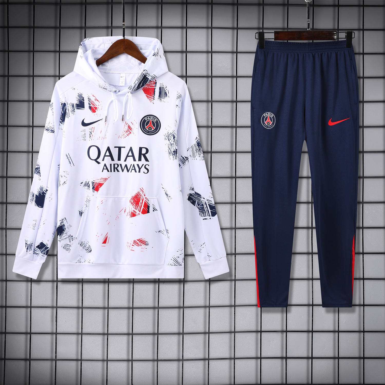 SIUjerseys-Paris Saint-Germain PSG 24-25 Training Hoodie Set - White Hoodie and Deep Blue Pants