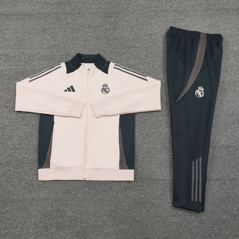 JerseysGala.com | Real Madrid 24-25 Jacket Training Tracksuit - Light Pink Top and Deep Grey Pants -Customize Name, Number and Patch | Worldwide Shipping