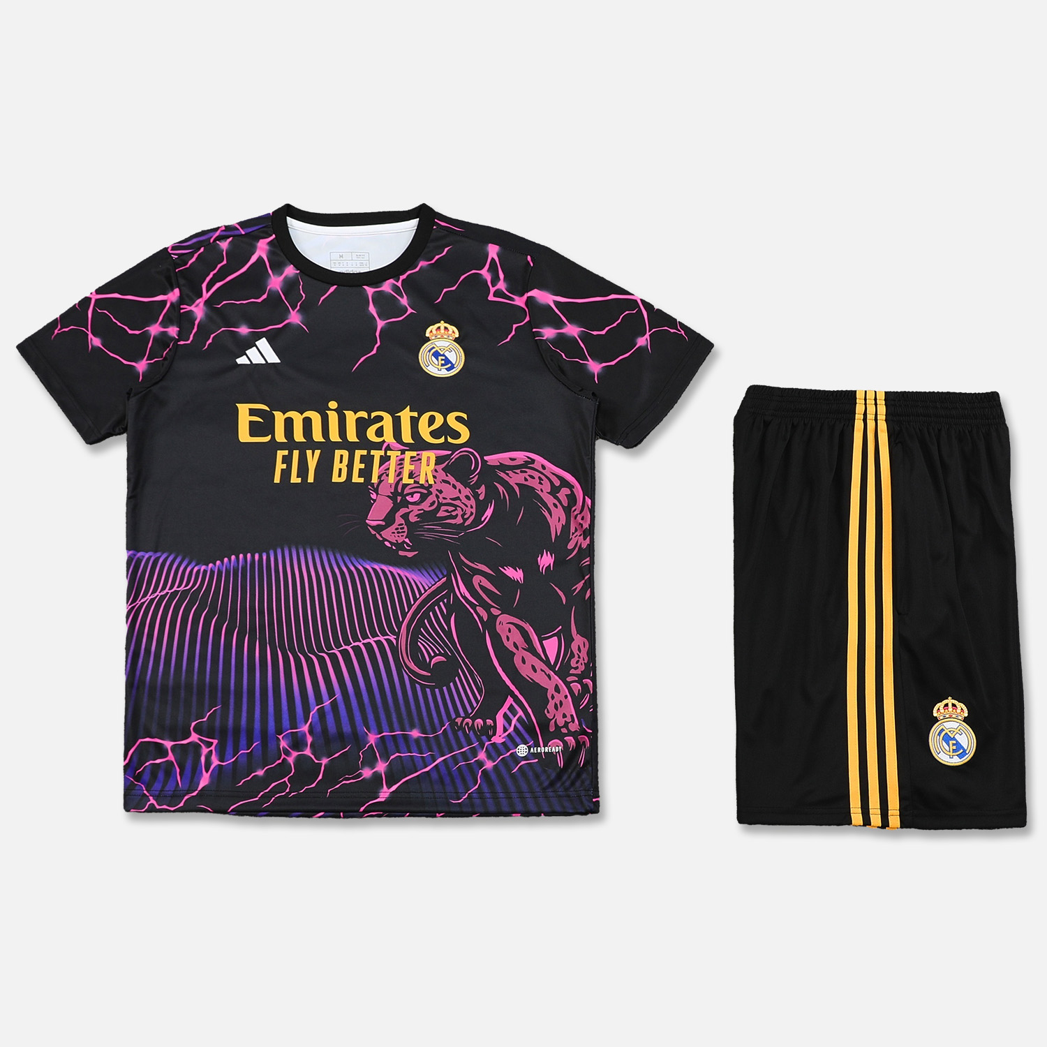 JerseysGala.com | Real Madrid 24-25 Short-Sleeve Training Set - Purple Leopard Top & Black Shorts -Customize Name, Number and Patch | Worldwide Shipping
