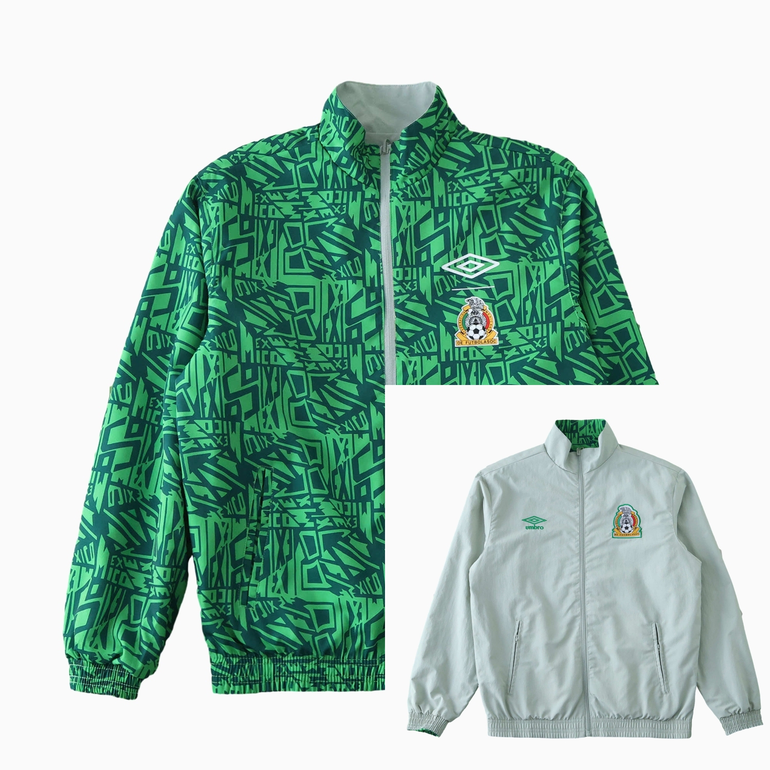 foot-Retro Mexico 1994 Retro Style Double Sided Reversible Windbreaker - Green & Grey